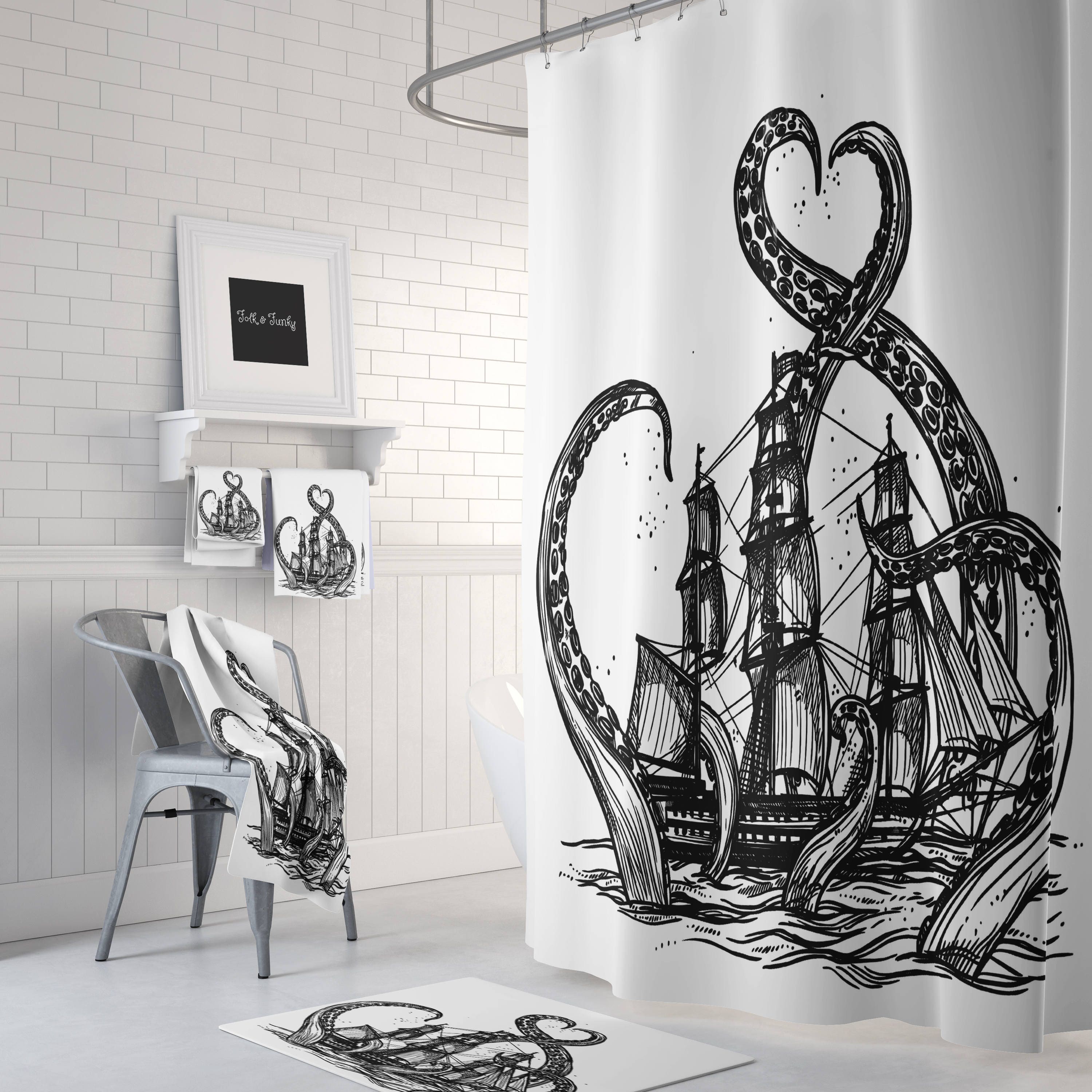 Black and White Kraken Shower Curtain for a Nautical Bathroom Theme