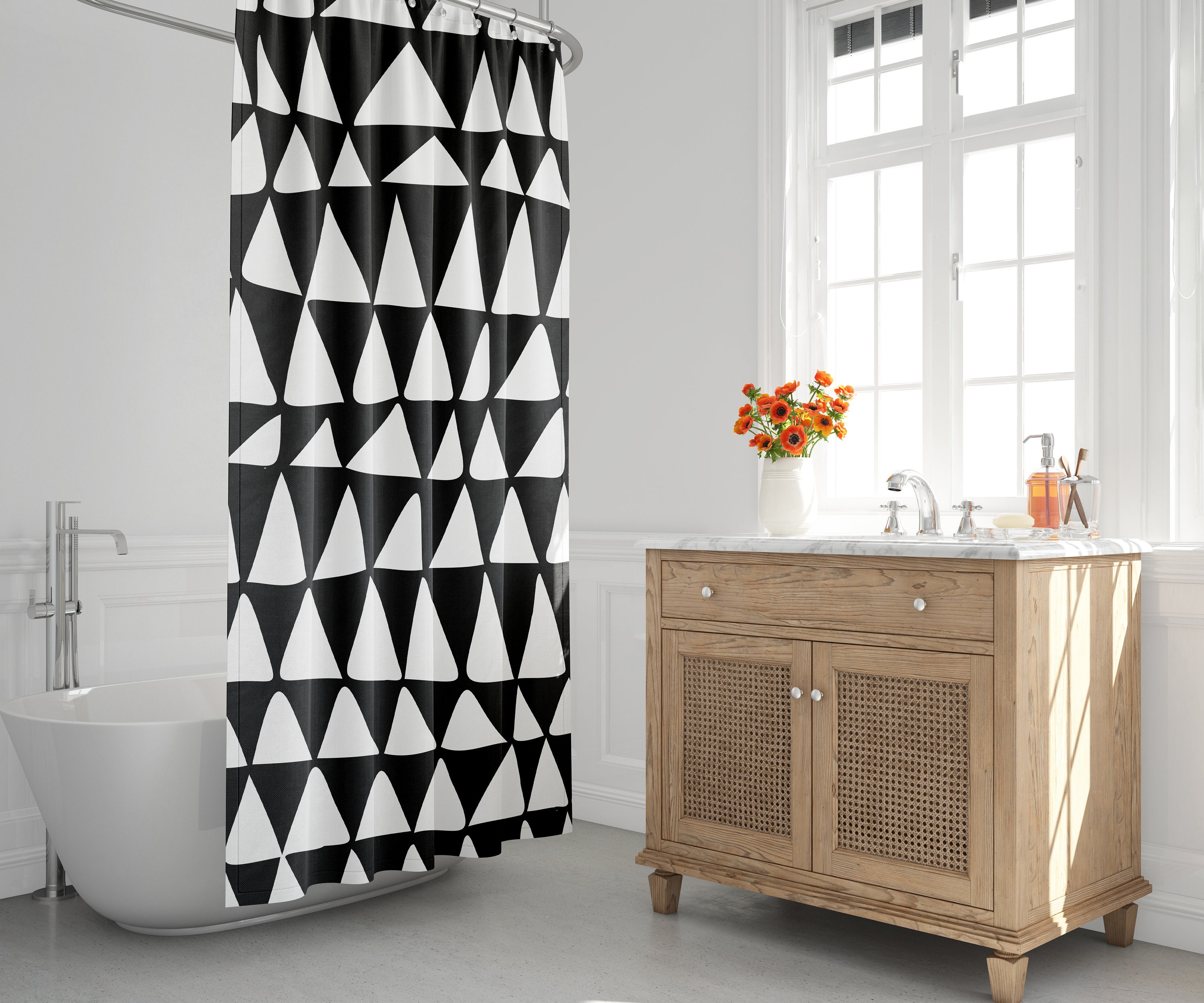 Black and White Mid Century Modern Triangle Shower Curtain - Minimalist Abstract Design with Contemporary Bath Decor