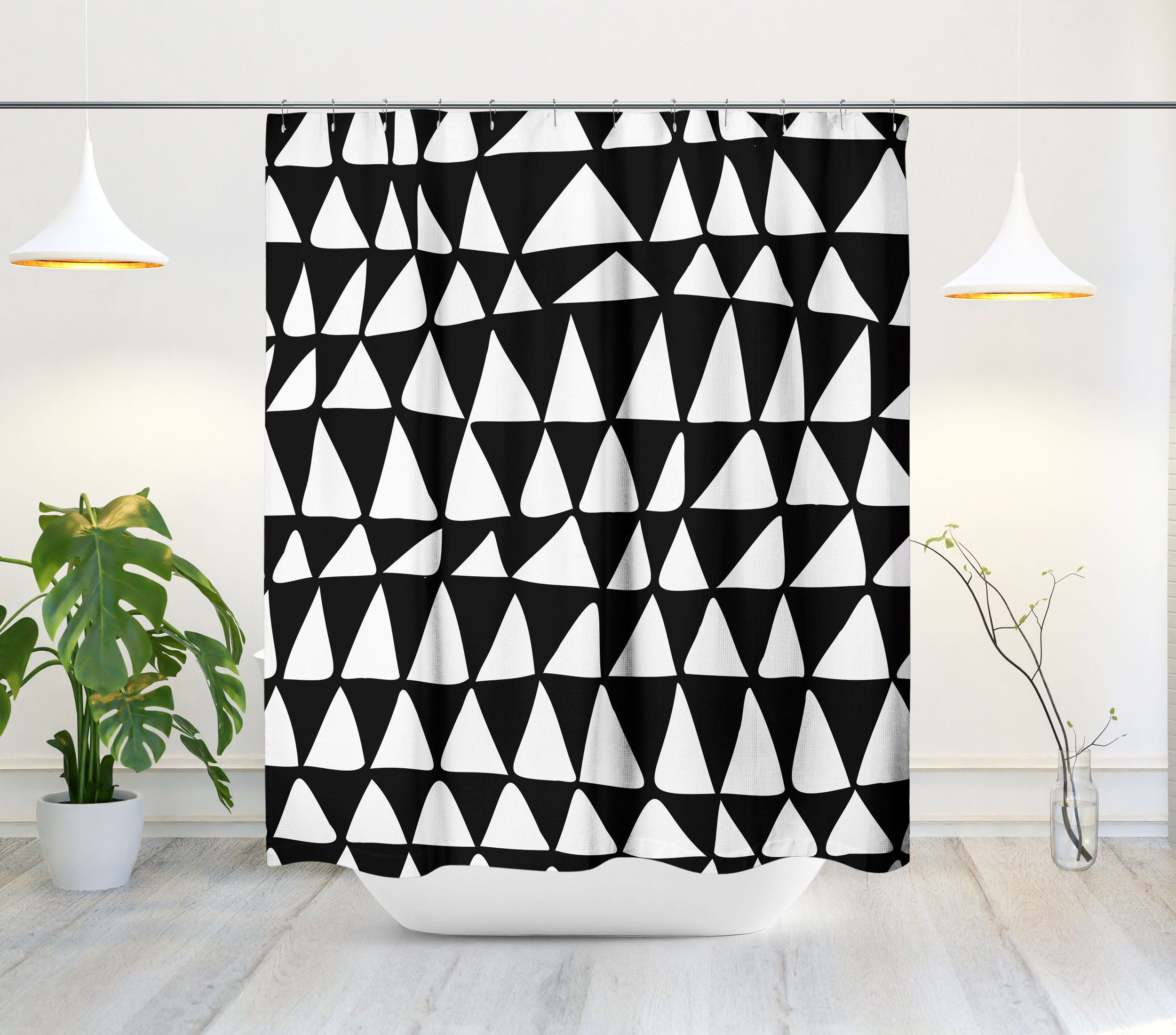 Black and White Mid Century Modern Triangle Shower Curtain - Minimalist Abstract Design with Contemporary Bath Decor - Image 2