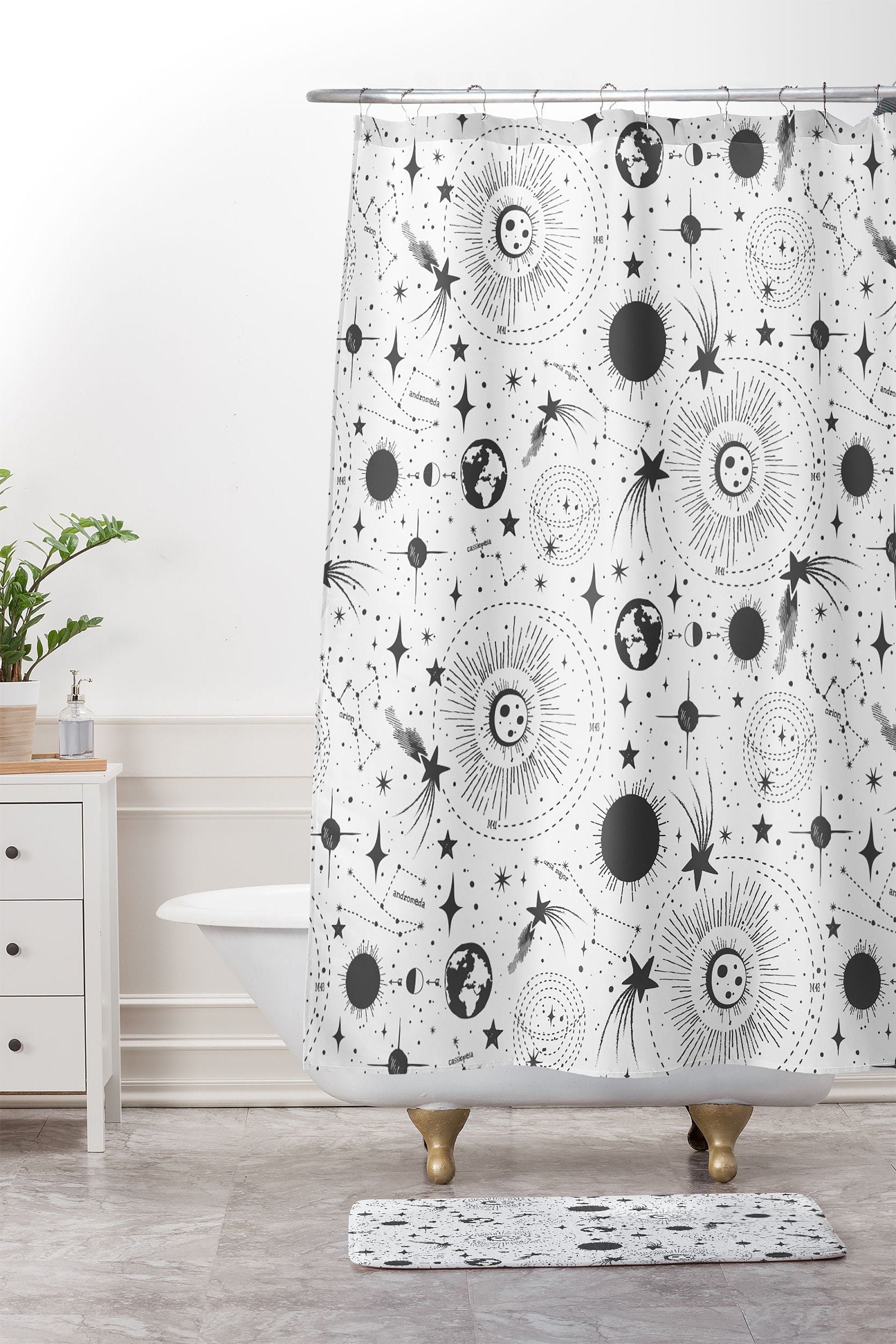 Black and White Outer Space Shower Curtain with Constellations Design for a Minimalist Bathroom