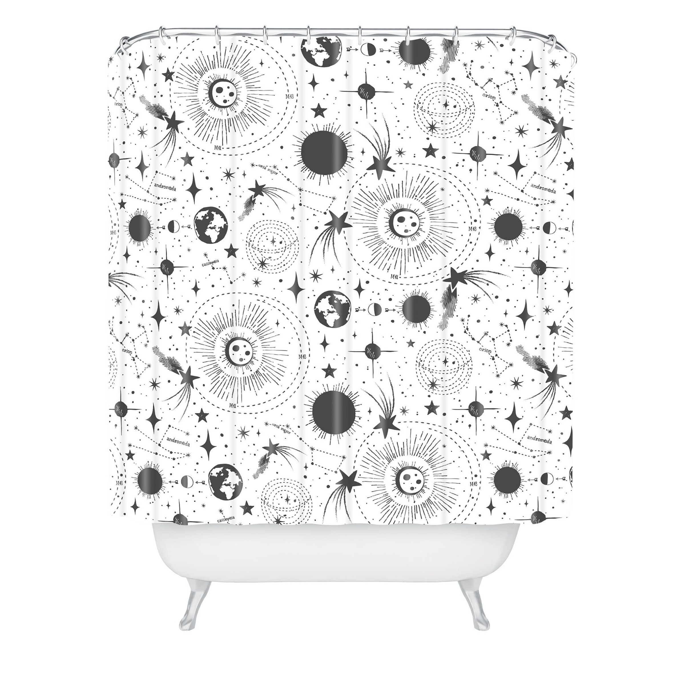 Black and White Outer Space Shower Curtain with Constellations Design for a Minimalist Bathroom - Image 2