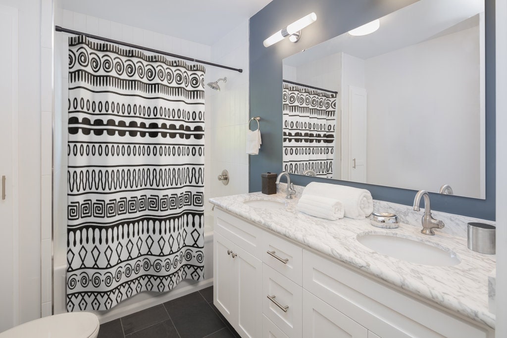 Black and White Shower Curtain for Dorm Room & Bathroom Decor - 71 x 71 inch Design and Bath Accessories - Image 2