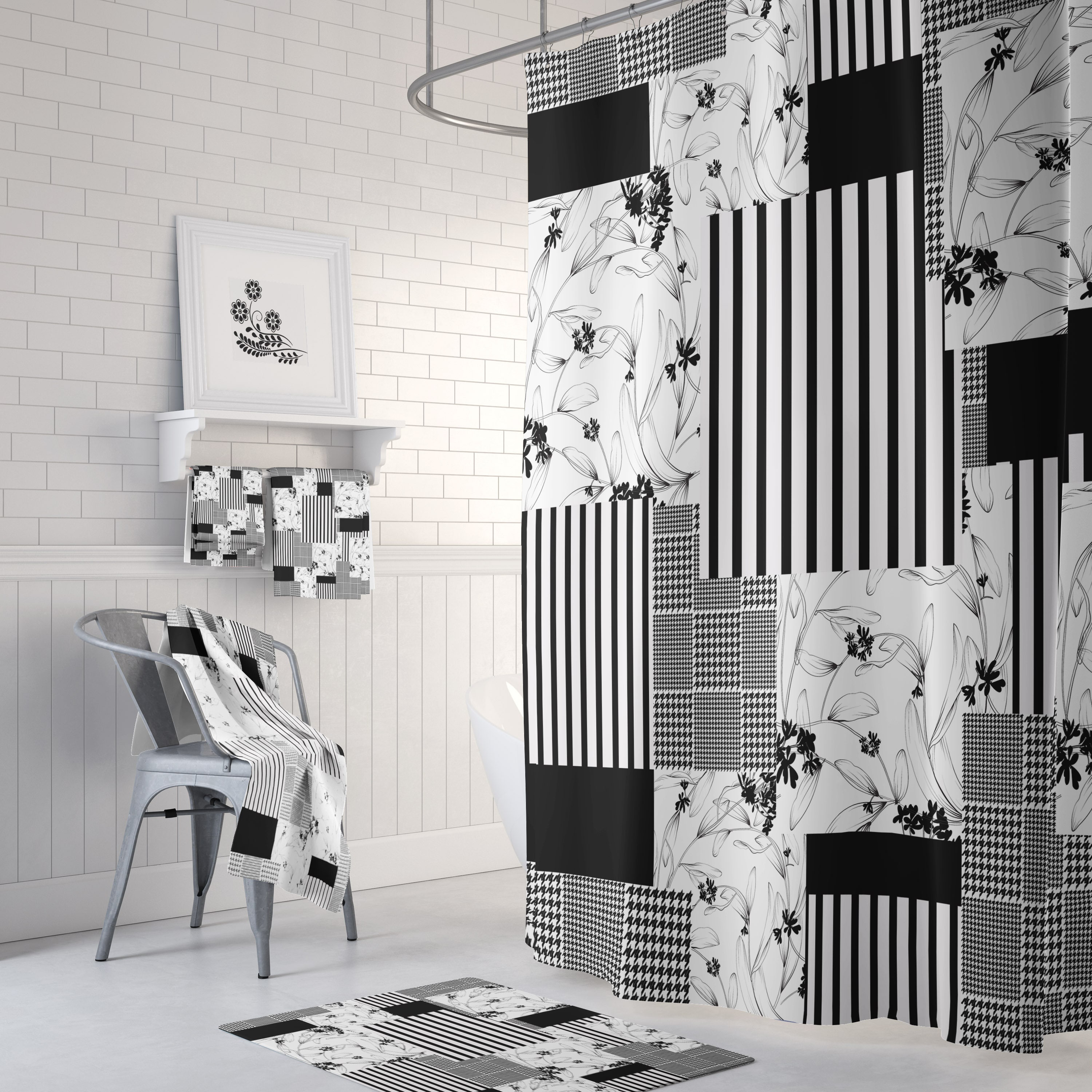 Black and White Shower Curtain with Modern Bath Accessories