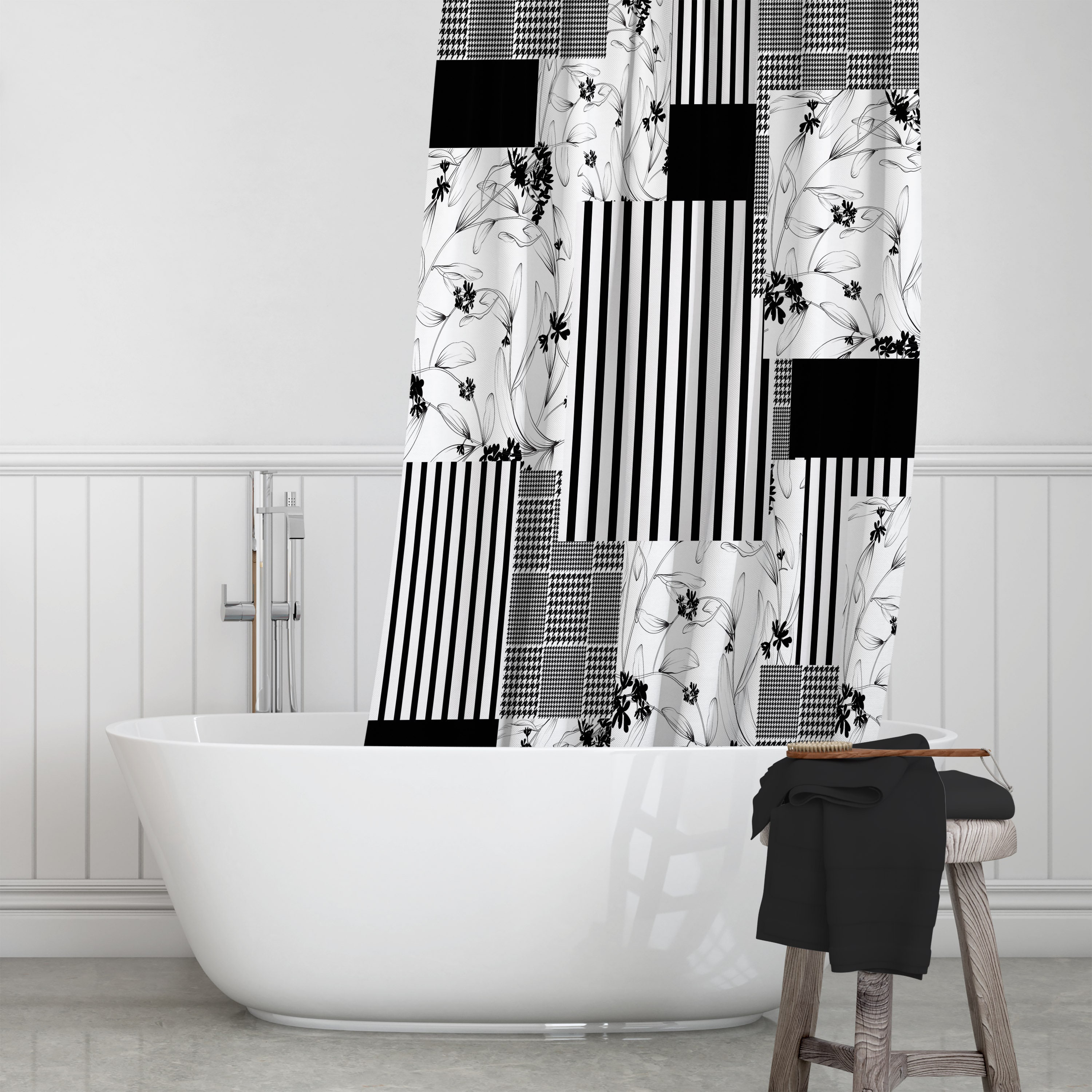Black and White Shower Curtain with Modern Bath Accessories - Image 2