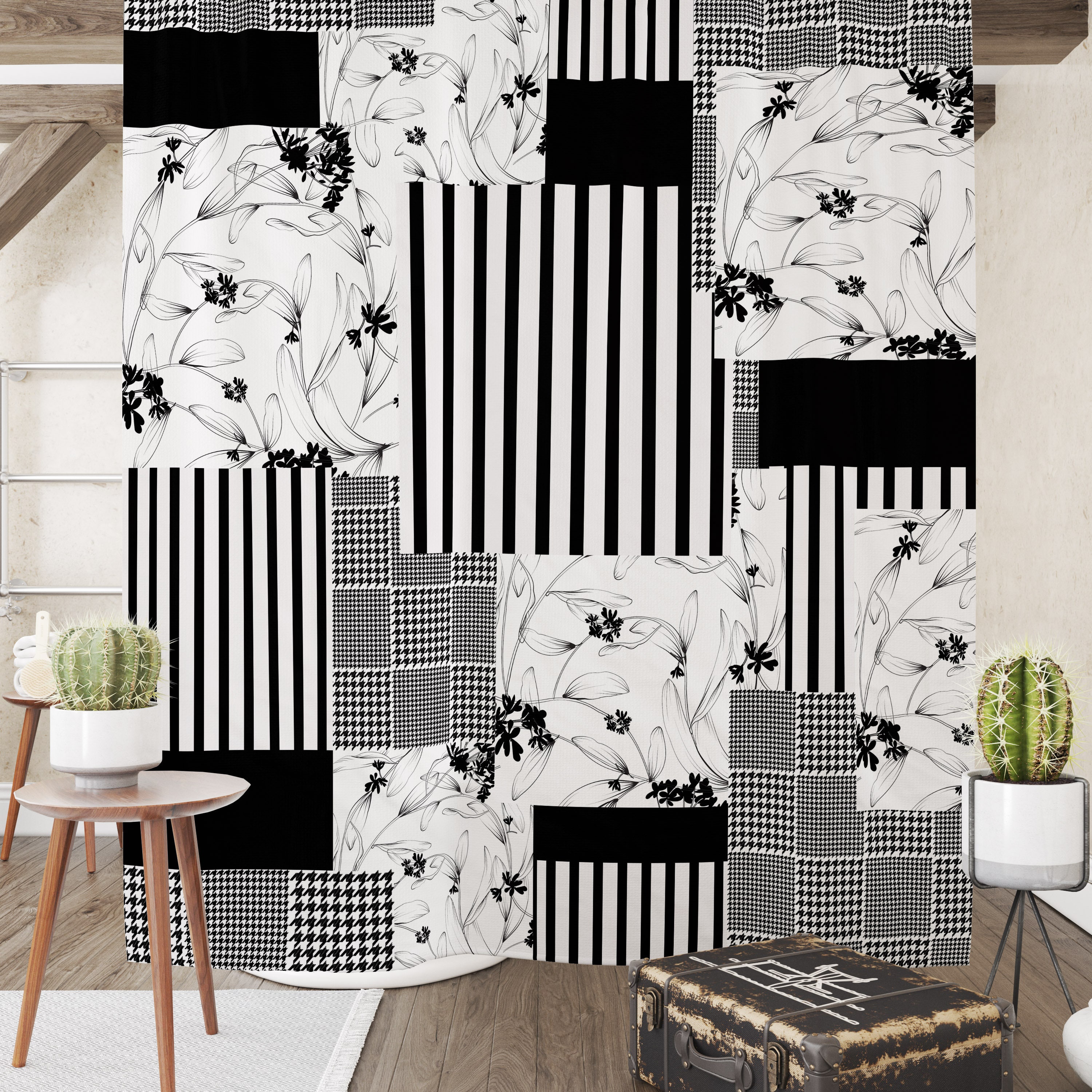 Black and White Shower Curtain with Modern Bath Accessories - Image 3