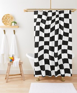 Black and White Squares Shower Curtain with Modern Abstract Design - Eco-Friendly and Waterproof, Includes Hooks