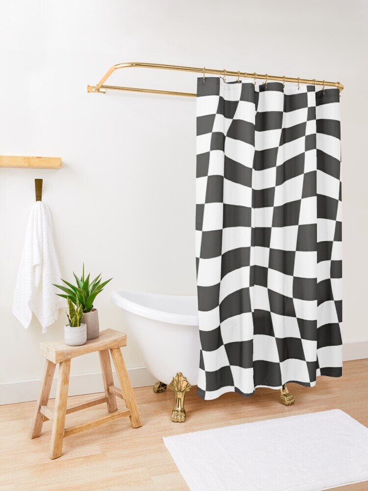 Black and White Squares Shower Curtain with Modern Abstract Design - Eco-Friendly and Waterproof, Includes Hooks - Image 3