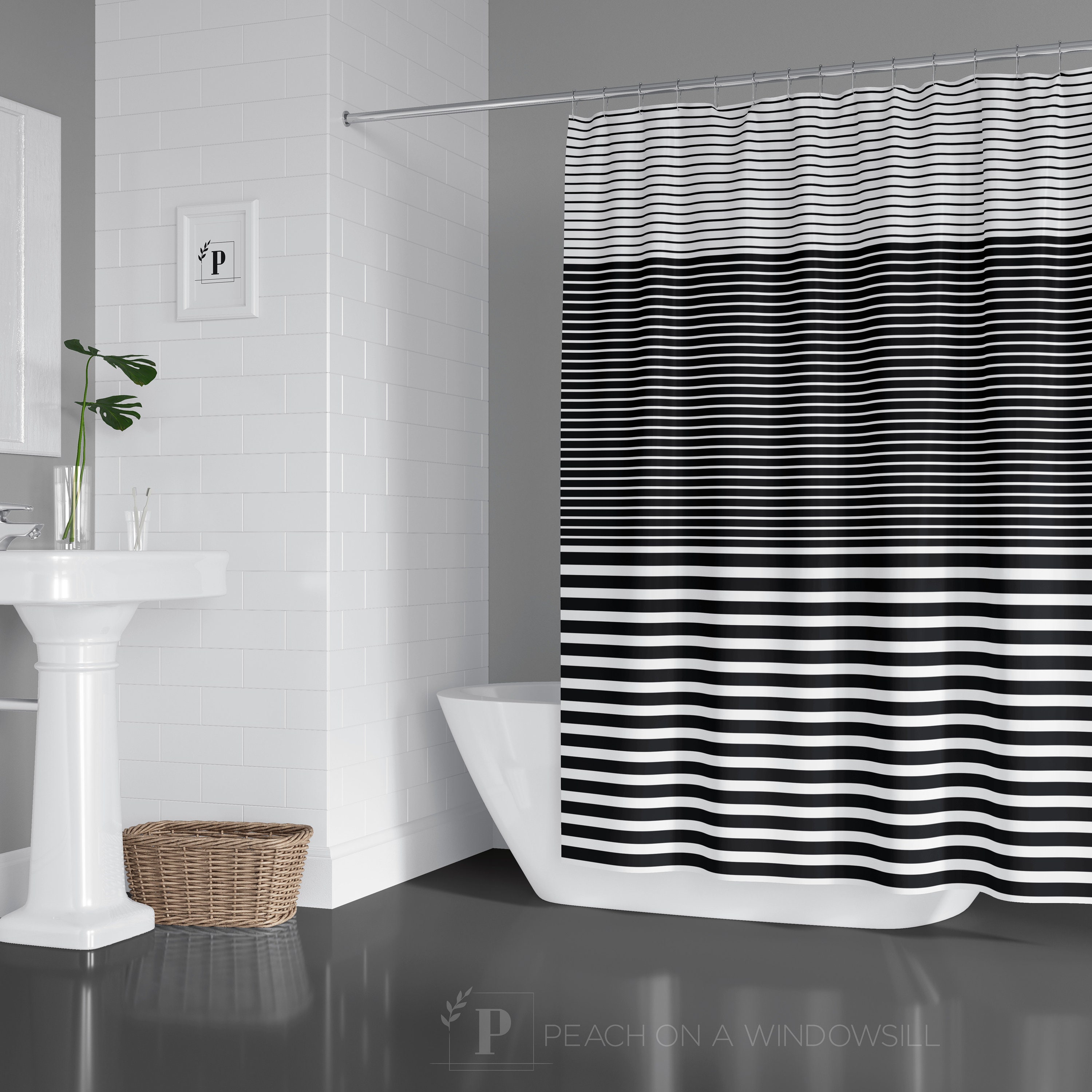 Black and White Striped Shower Curtain with Ombre Colorblock Design, Bring a Modern Touch to Your Bathroom Decor