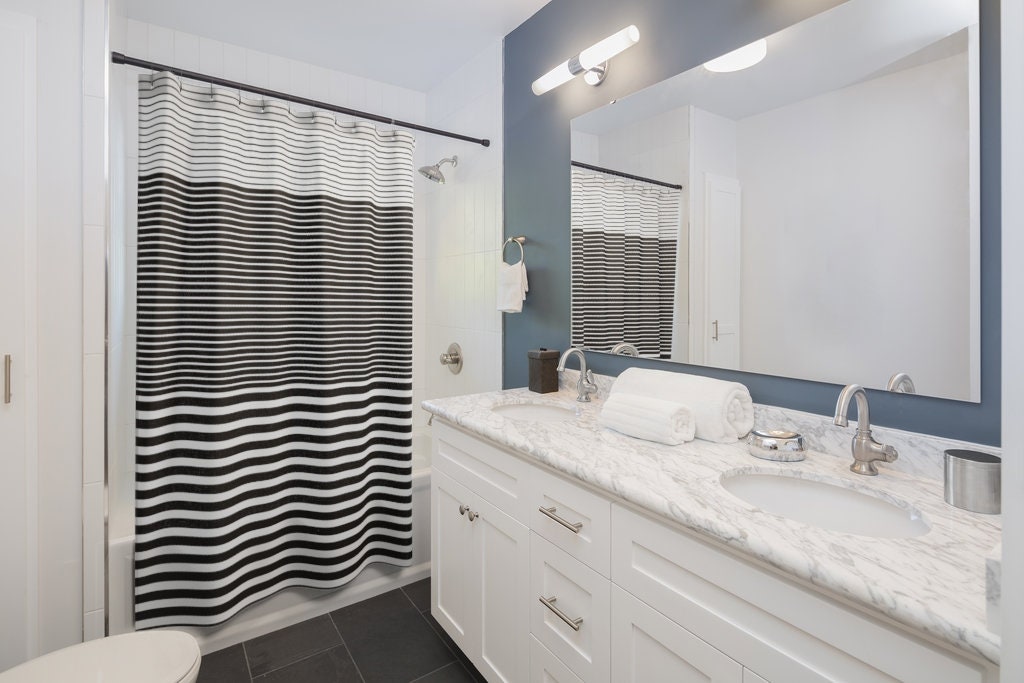 Black and White Striped Shower Curtain with Ombre Colorblock Design, Bring a Modern Touch to Your Bathroom Decor - Image 3