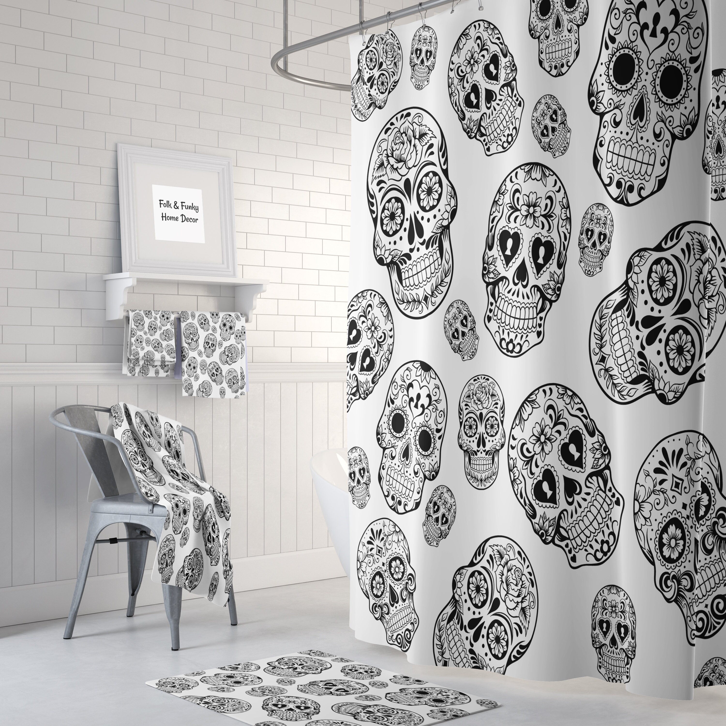 Black and White Sugar Skull Shower Curtain Set with Skull and Butterfly Bath Items