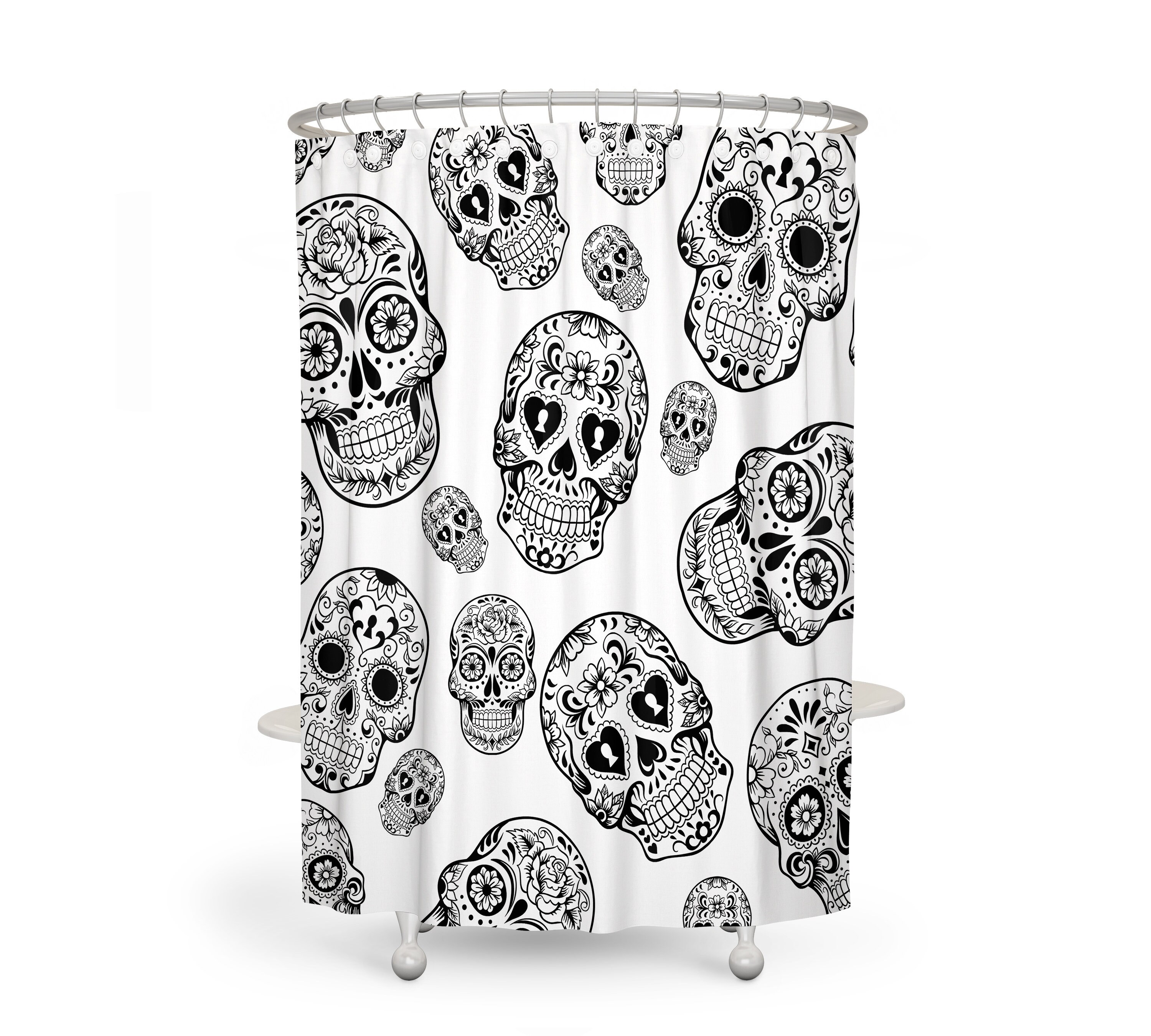 Black and White Sugar Skull Shower Curtain Set with Skull and Butterfly Bath Items - Image 2