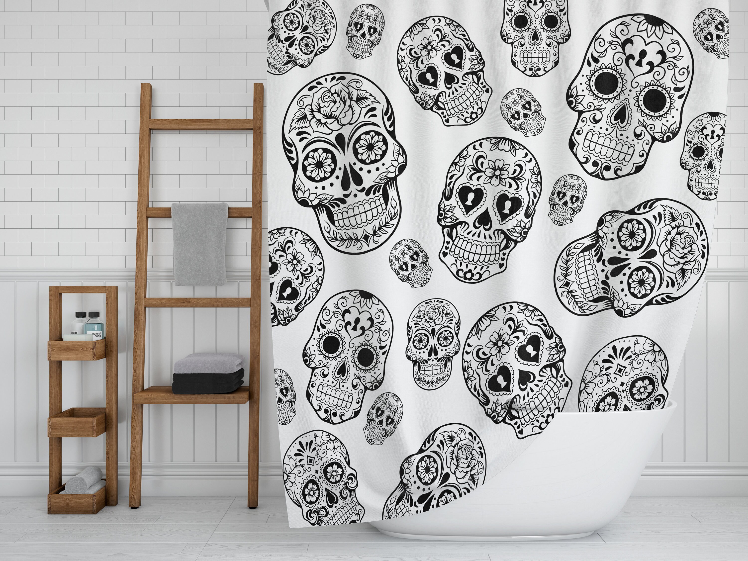 Black and White Sugar Skull Shower Curtain Set with Skull and Butterfly Bath Items - Image 3