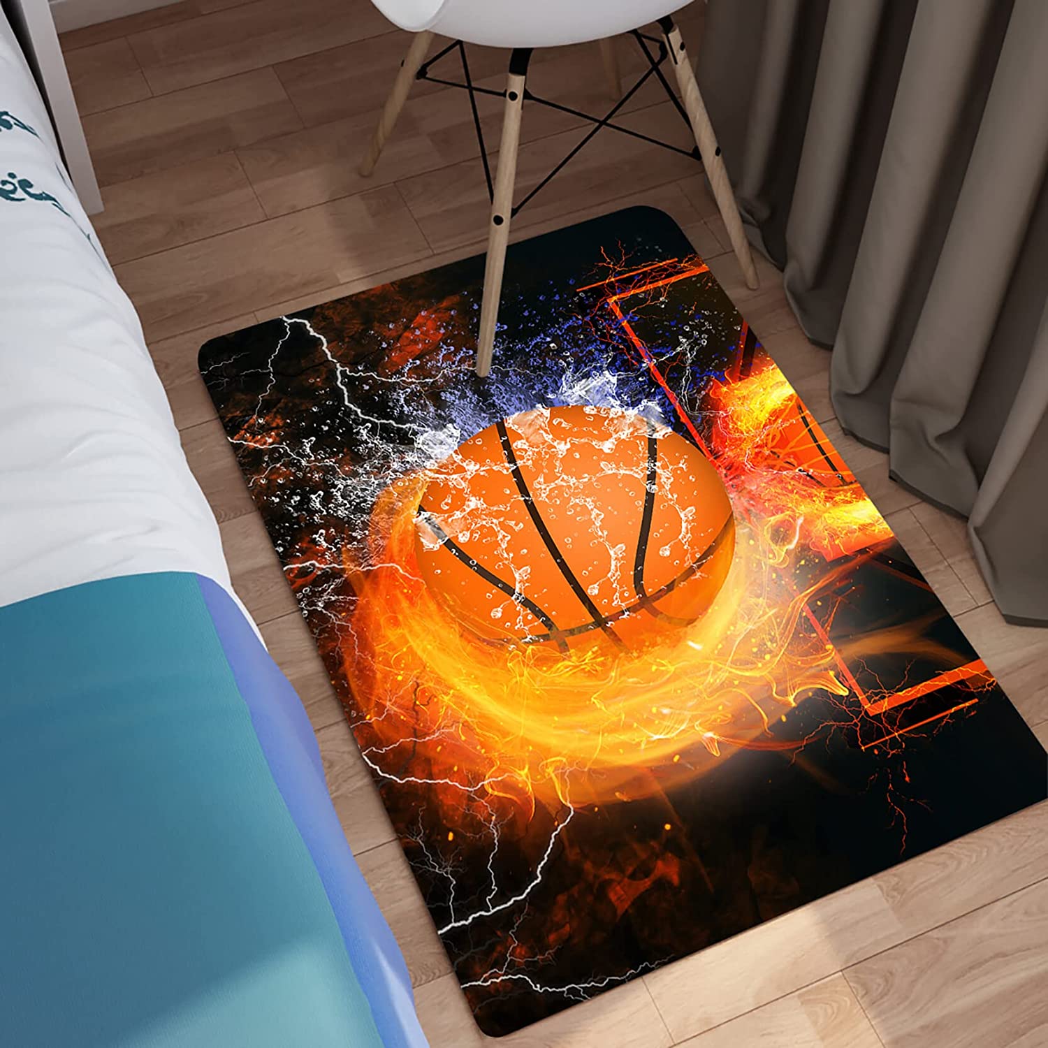 Black with Red Flame Basketball Rug - Sporty Playroom Decor for Boys Bedroom and Living Room - Image 2