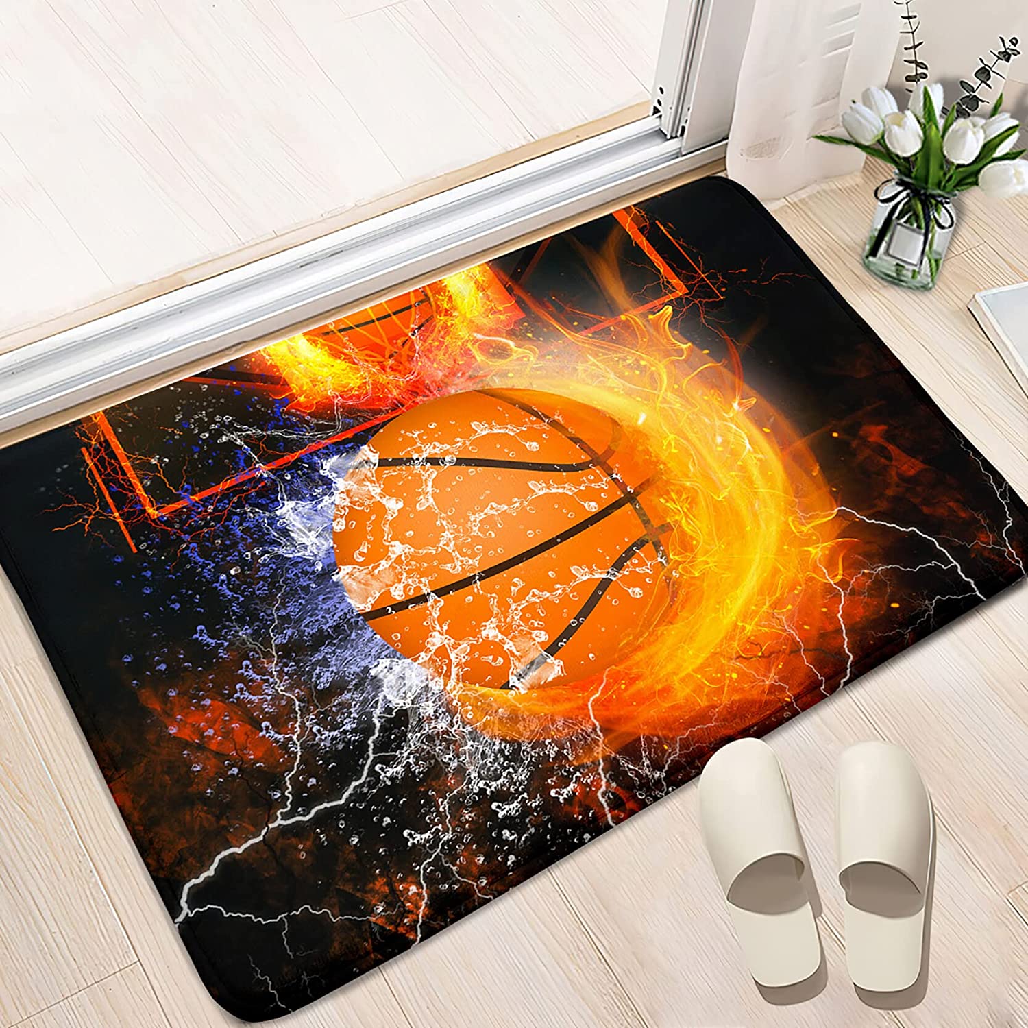Black with Red Flame Basketball Rug - Sporty Playroom Decor for Boys Bedroom and Living Room - Image 3
