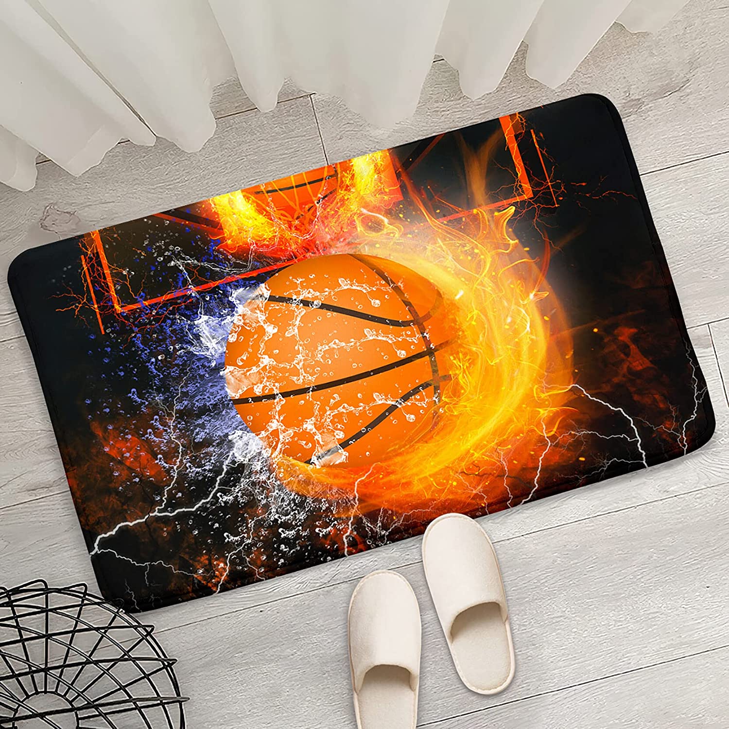 Black with Red Flame Basketball Rug - Sporty Playroom Decor for Boys Bedroom and Living Room - Image 4