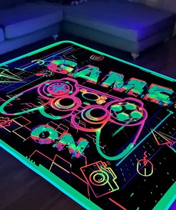 Blacklight T-Shirt, Hoodie, and Sweatshirt Game Design Rugs, UV Reactive Glow in The Dark Area Rug for Kids' Game Room and Casual Mats
