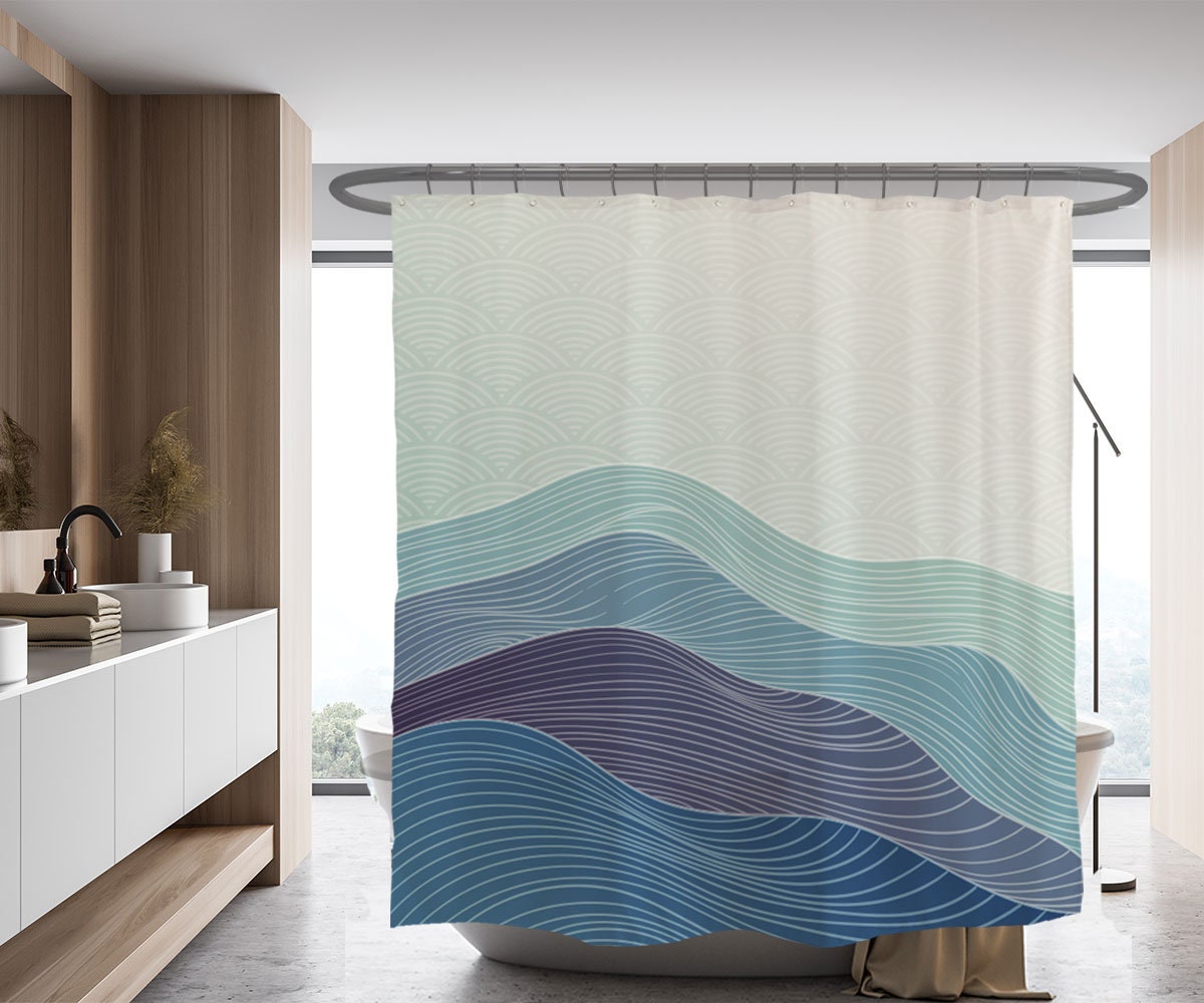 Blaue Wellen Duschvorhang Farbverlauf Disney Shower Curtain, Hill Mountain Curve Kunst and Thick Extra Long Design - Image 2
