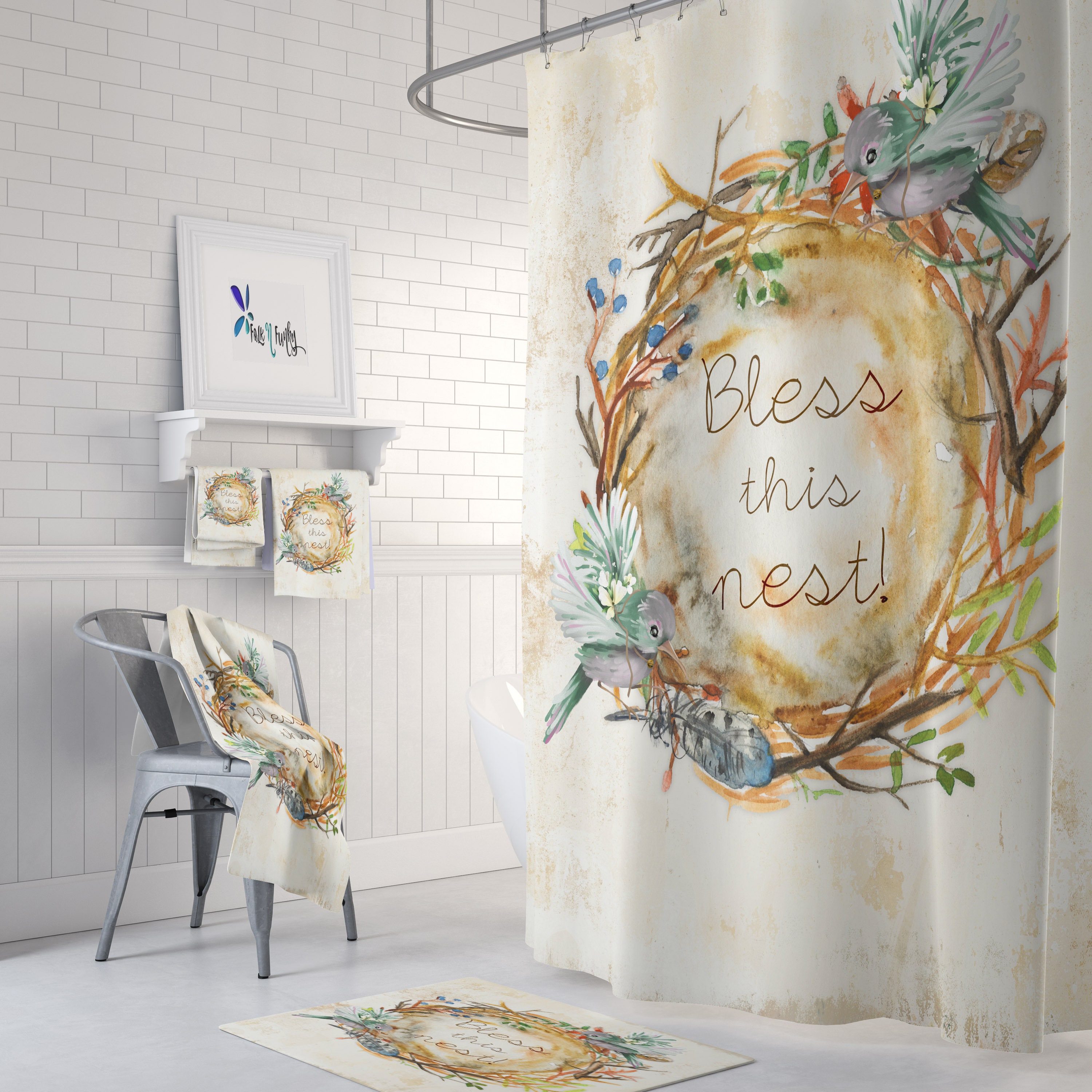 Bless This Nest Farmhouse Shower Curtain, Stylish Bathtub Curtain with Bird Design, Perfect for Rustic Bathrooms