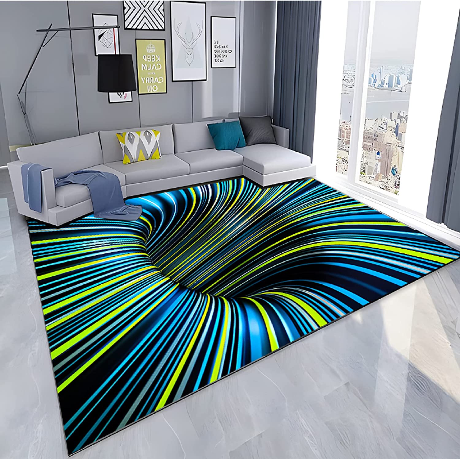 Blue Abstract Geometric Optical 3D Swirl Illusion Rug - A Perfect Contemporary Addition to Living Room and Bedroom Decor