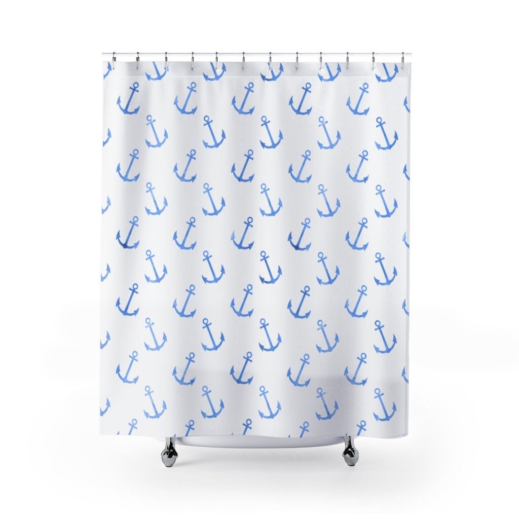 Blue Anchors on White Shower Curtain for Nautical & Beach Bathroom Decor - 71 x 71 inch Design Included