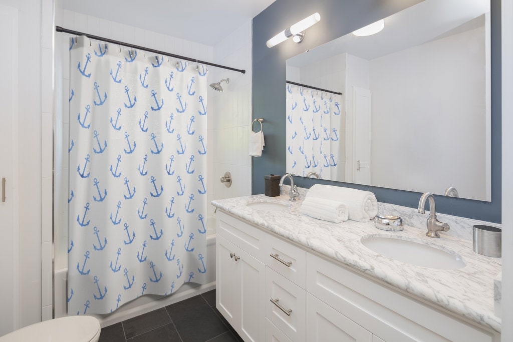 Blue Anchors on White Shower Curtain for Nautical & Beach Bathroom Decor - 71 x 71 inch Design Included - Image 2