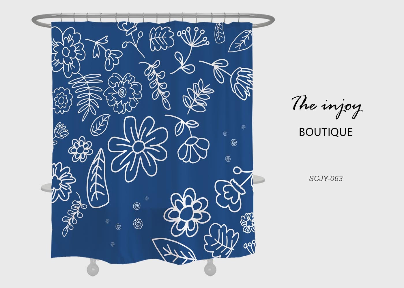 Blue Bohemian Flower and Leaves Shower Curtain with Customizable Sizes