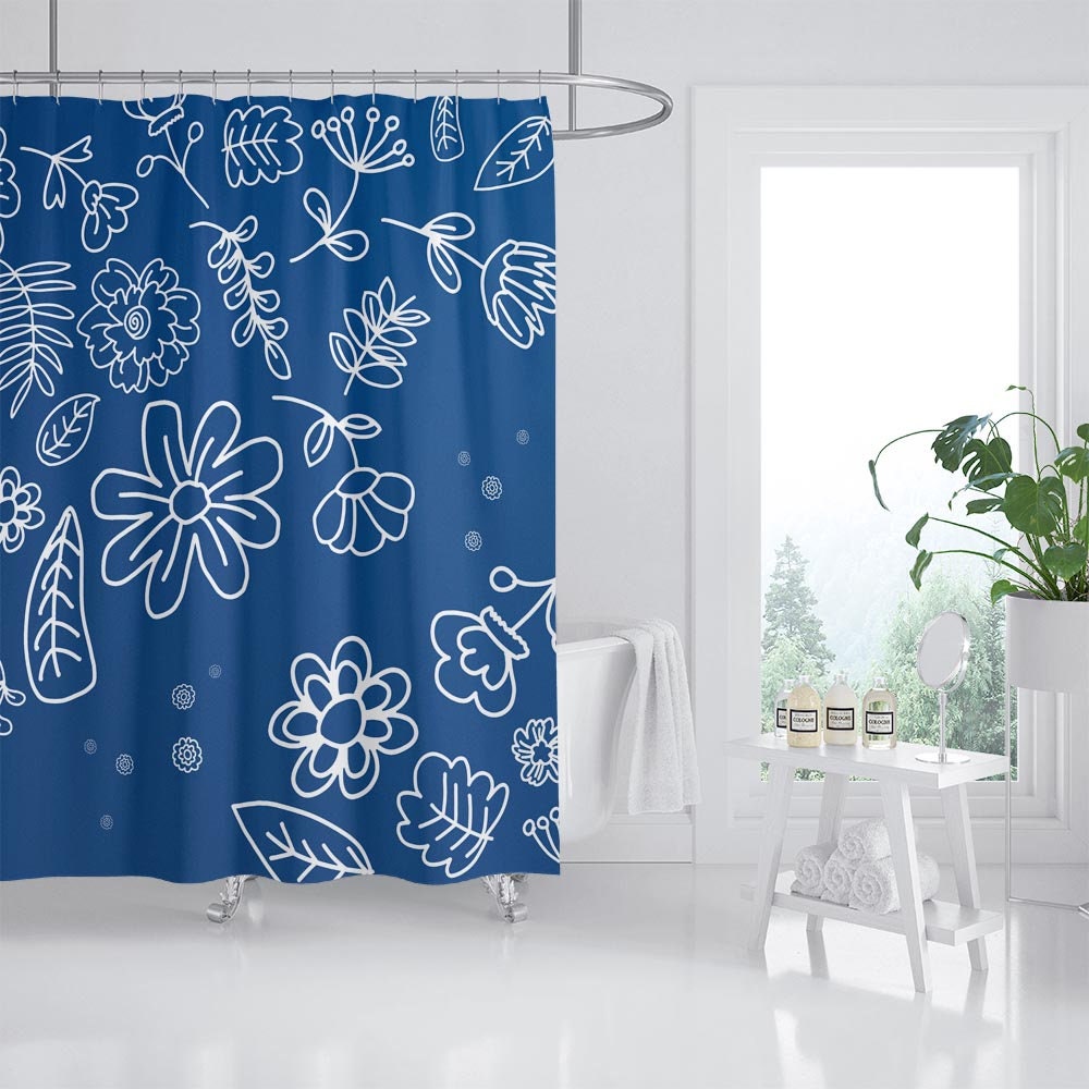Blue Bohemian Flower and Leaves Shower Curtain with Customizable Sizes - Image 2