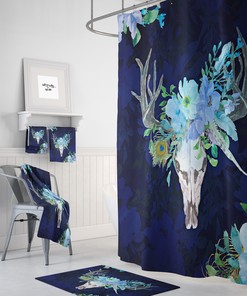 Blue Boho Chic Bull Skull Shower Curtain Optional Bath Mat, Bath Towels , Bathroom Decor