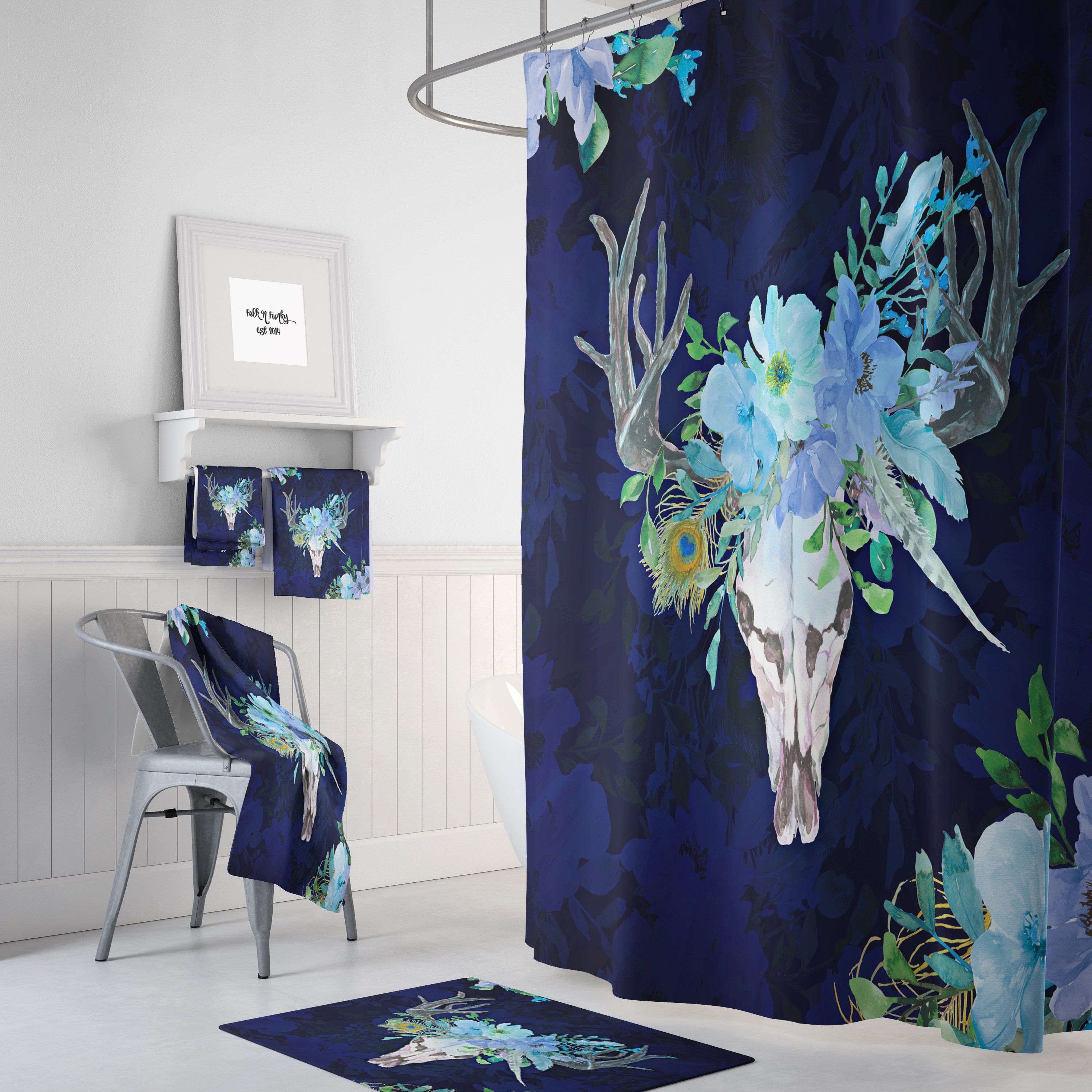 Blue Boho Chic Bull Skull Shower Curtain Optional Bath Mat, Bath Towels , Bathroom Decor