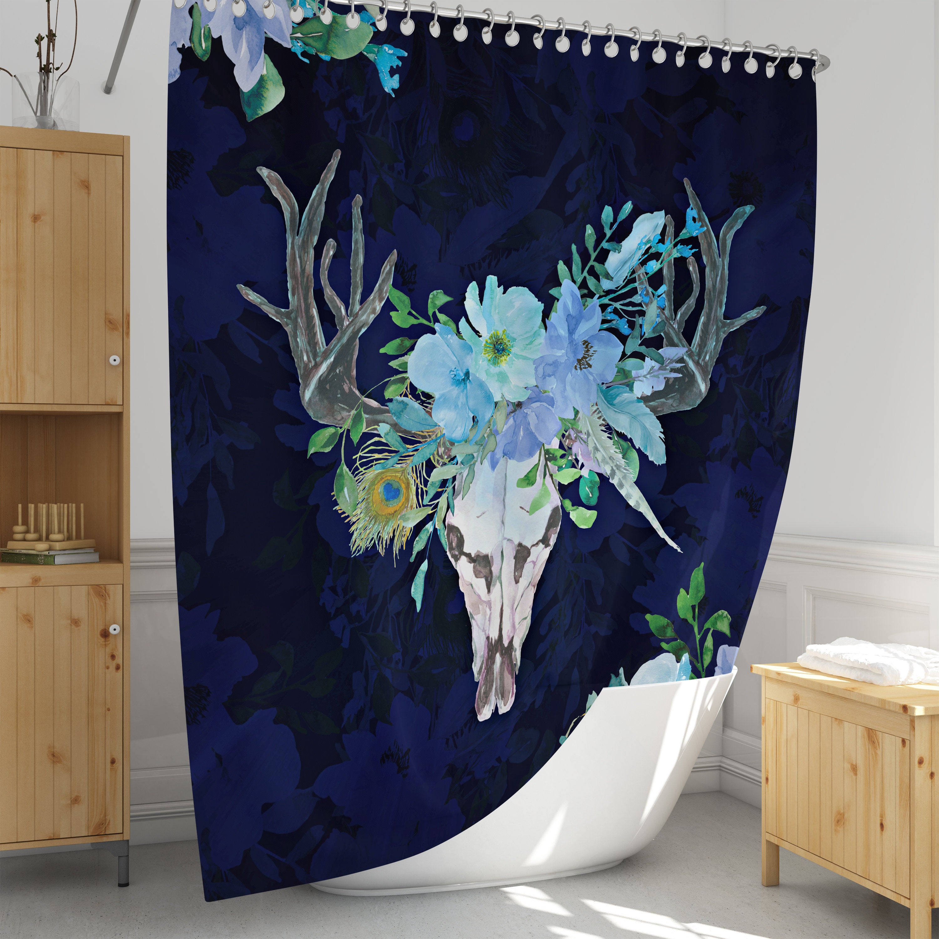 Blue Boho Chic Bull Skull Shower Curtain Optional Bath Mat, Bath Towels , Bathroom Decor - Image 2