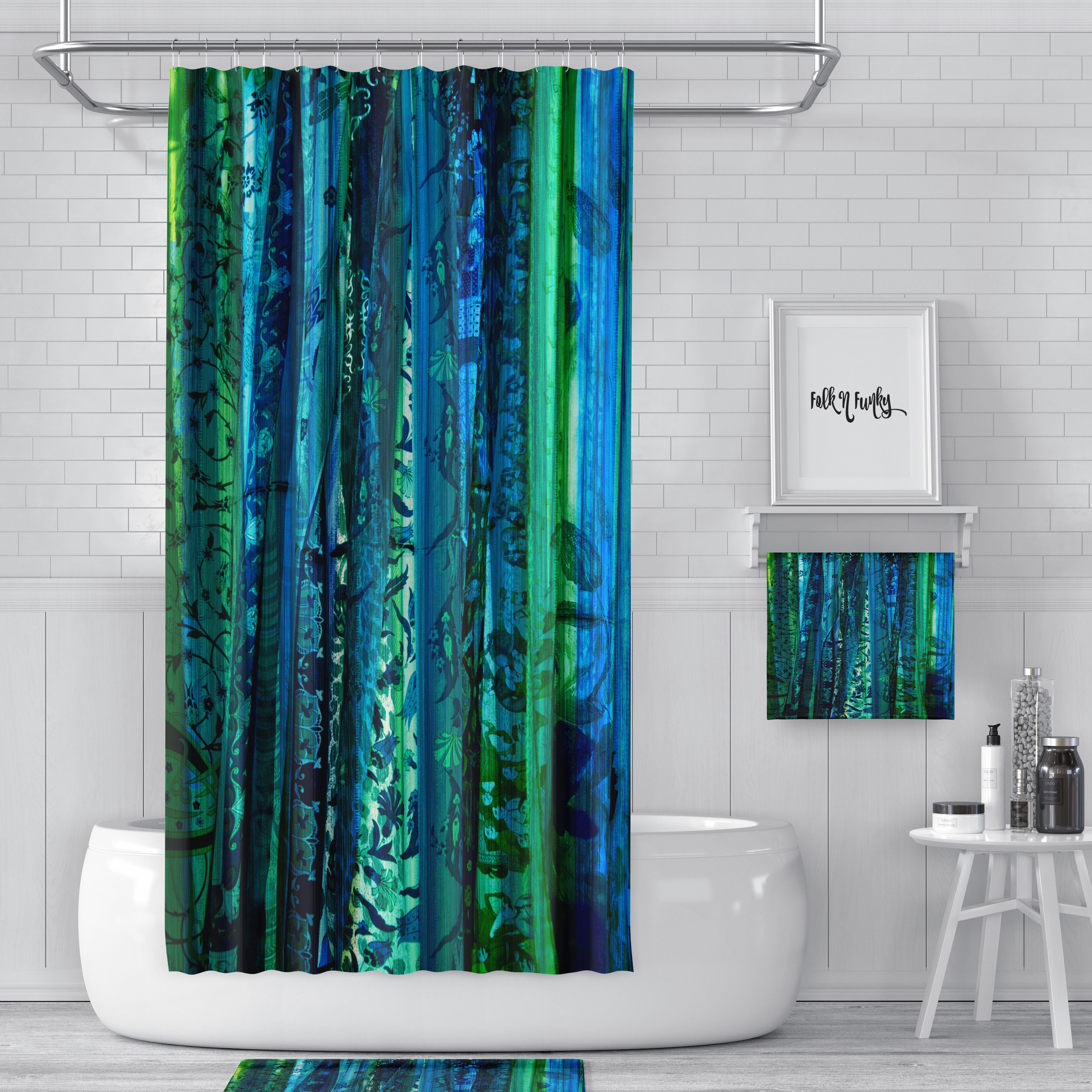 Blue Boho Shower Curtain, Boho Bathroom Decor, Boho Maximalist , Gypsy Soul with At Home Shower Curtains Print - Image 3