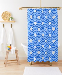 Blue Boho Shower Curtain with Art Deco Shapes - Eco-Friendly and Waterproof Polyester
