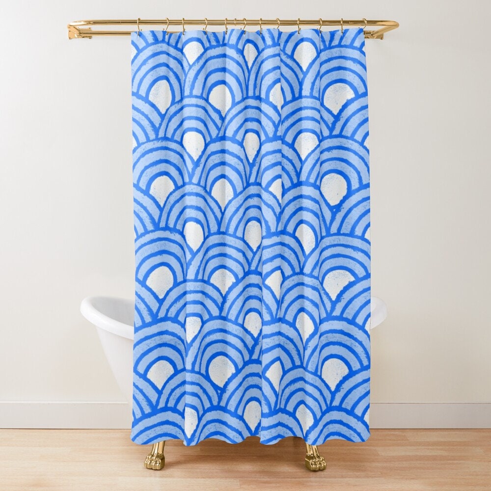 Blue Boho Shower Curtain with Art Deco Shapes - Eco-Friendly and Waterproof Polyester - Image 2