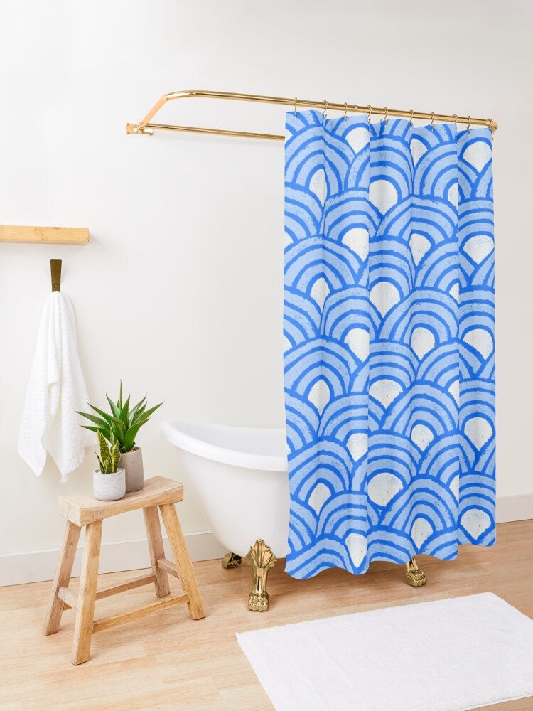 Blue Boho Shower Curtain with Art Deco Shapes - Eco-Friendly and Waterproof Polyester - Image 3
