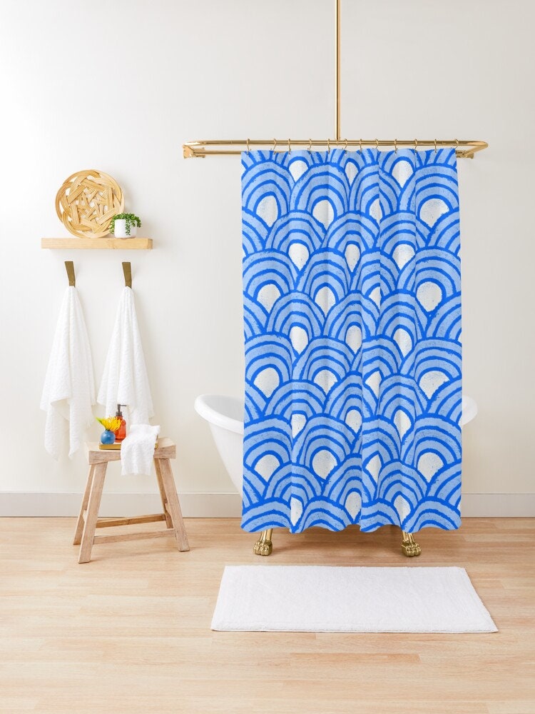 Blue Boho Shower Curtain with Art Deco Shapes - Eco-Friendly and Waterproof Polyester - Image 4