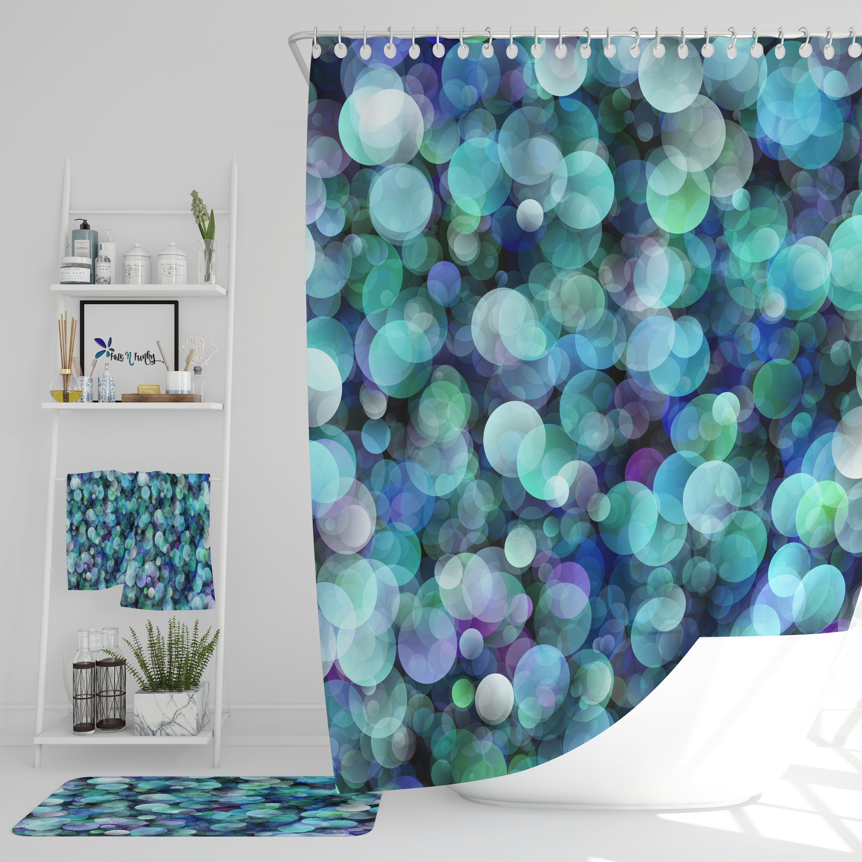 Blue Brokeh Shower Curtain with Optional Bath Mat and Towels for a Trendy Bathroom