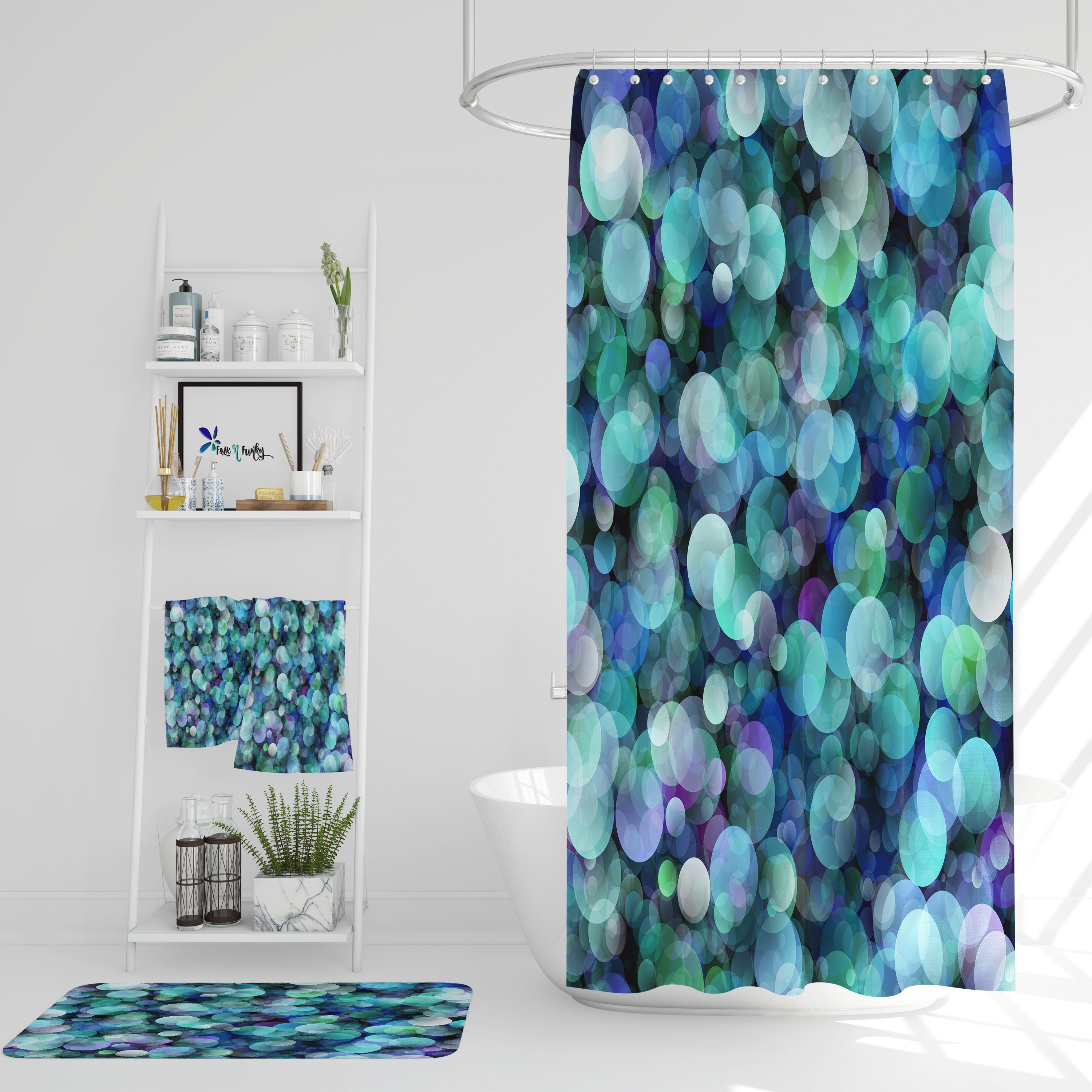 Blue Brokeh Shower Curtain with Optional Bath Mat and Towels for a Trendy Bathroom - Image 2