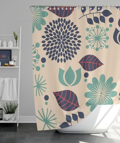 Blue Chrysanthemum Floral Shower Curtain | Summer Flowers | Linen Bathroom Curtain Set
