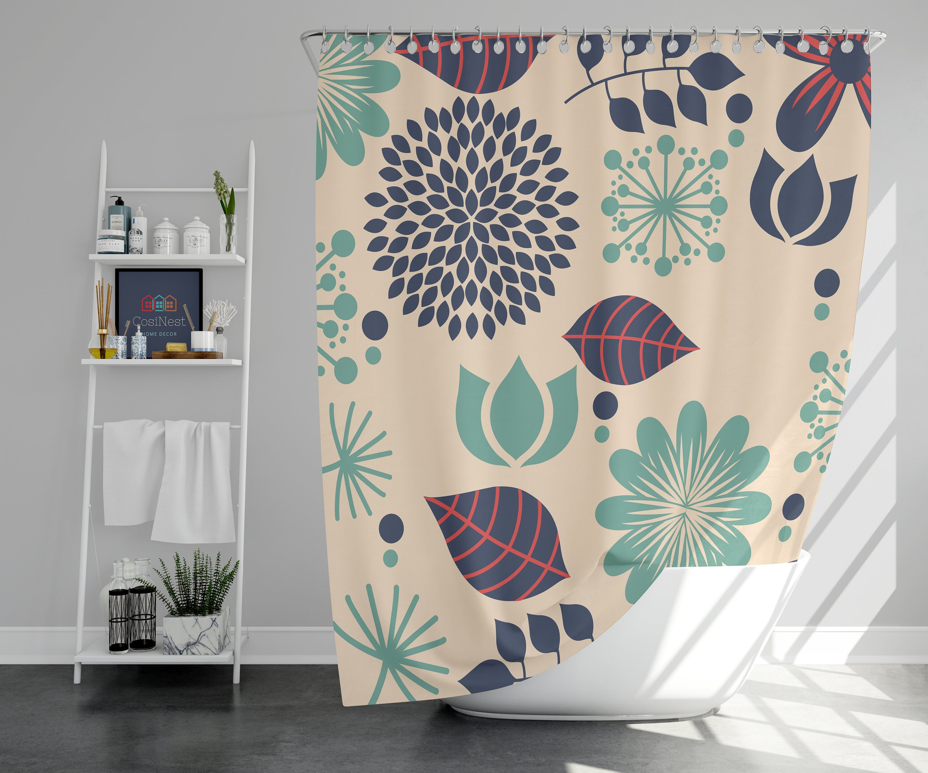 Blue Chrysanthemum Floral Shower Curtain | Summer Flowers | Linen Bathroom Curtain Set