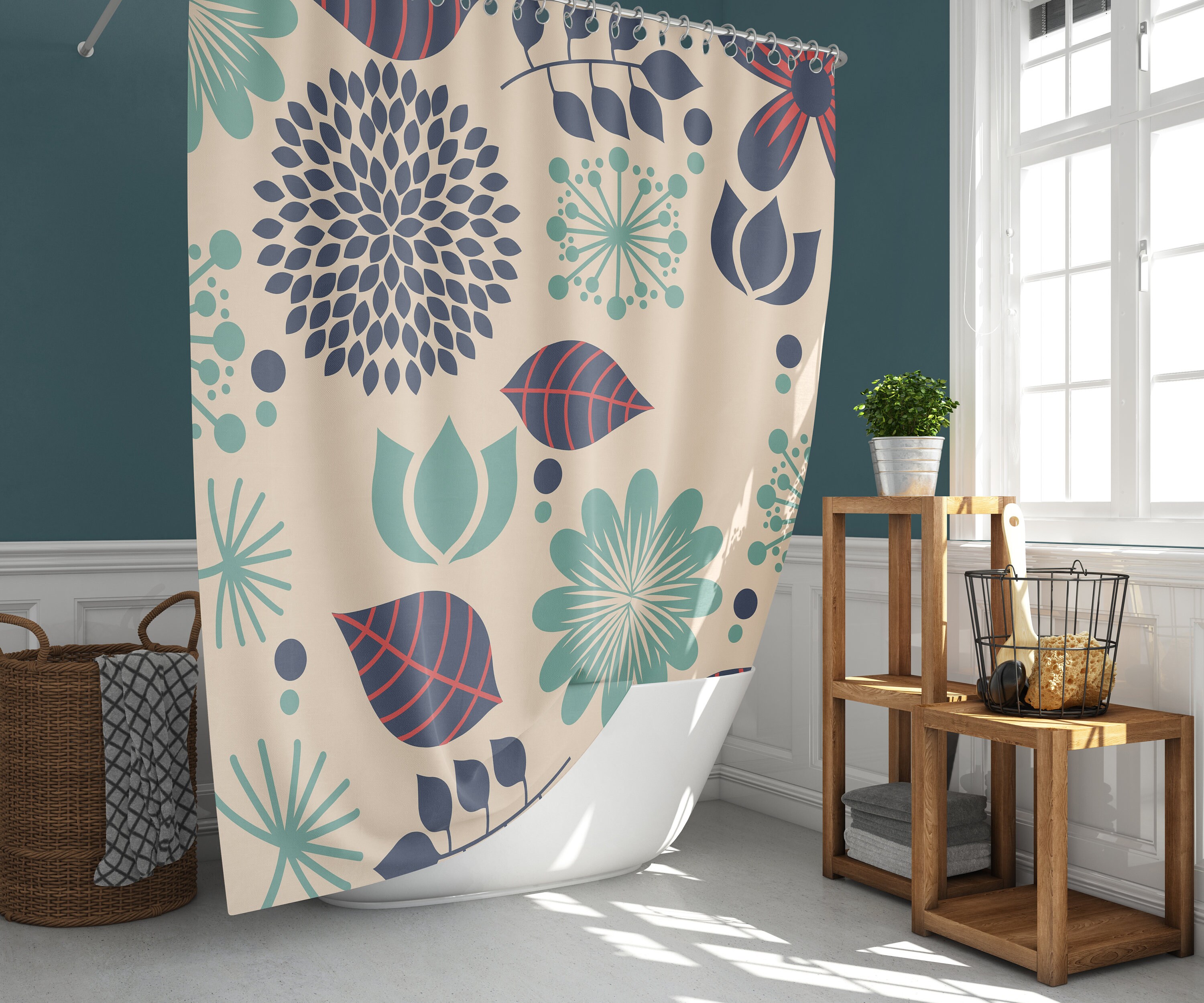 Blue Chrysanthemum Floral Shower Curtain | Summer Flowers | Linen Bathroom Curtain Set - Image 2