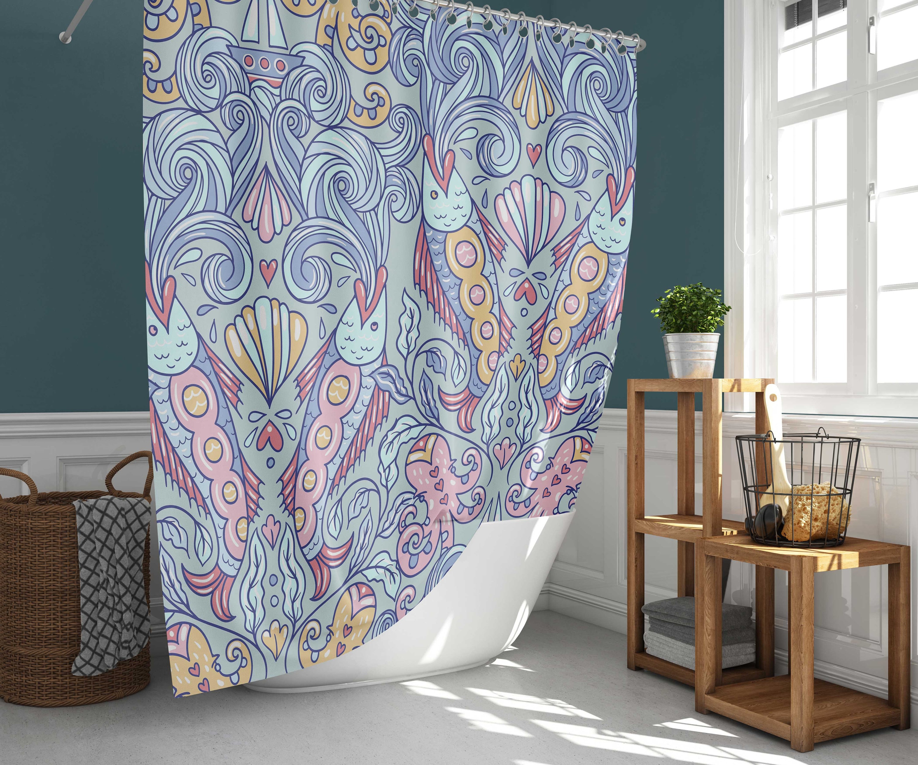 Blue Fish Seashell Shower Curtain | Sea Creature Beach Fabric | Home Bathroom Decor | Ocean Theme | Gift for Sea Lovers