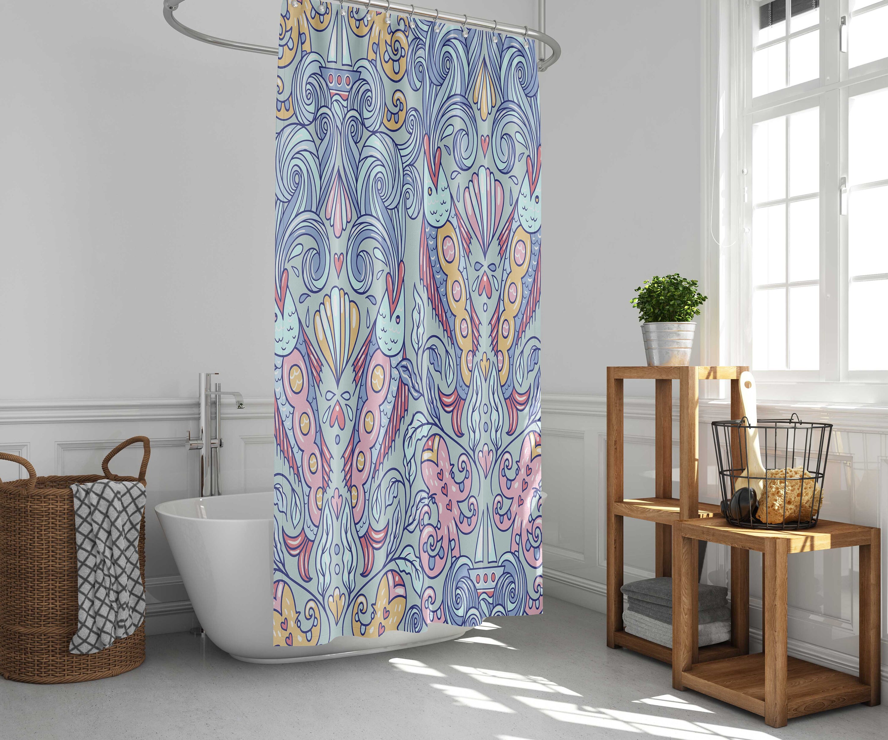 Blue Fish Seashell Shower Curtain | Sea Creature Beach Fabric | Home Bathroom Decor | Ocean Theme | Gift for Sea Lovers - Image 2
