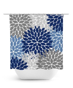 Blue Floral Shower Curtain - Elegant Fabric Bath Curtain with Gray Details for Girls' Bathroom Decor - SHOWER10
