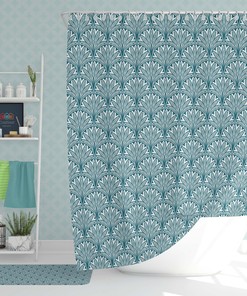 Blue Flower Geometry Shower Curtain | Abstract Floral Fabric Bathroom Curtain | Home Bathroom Decor
