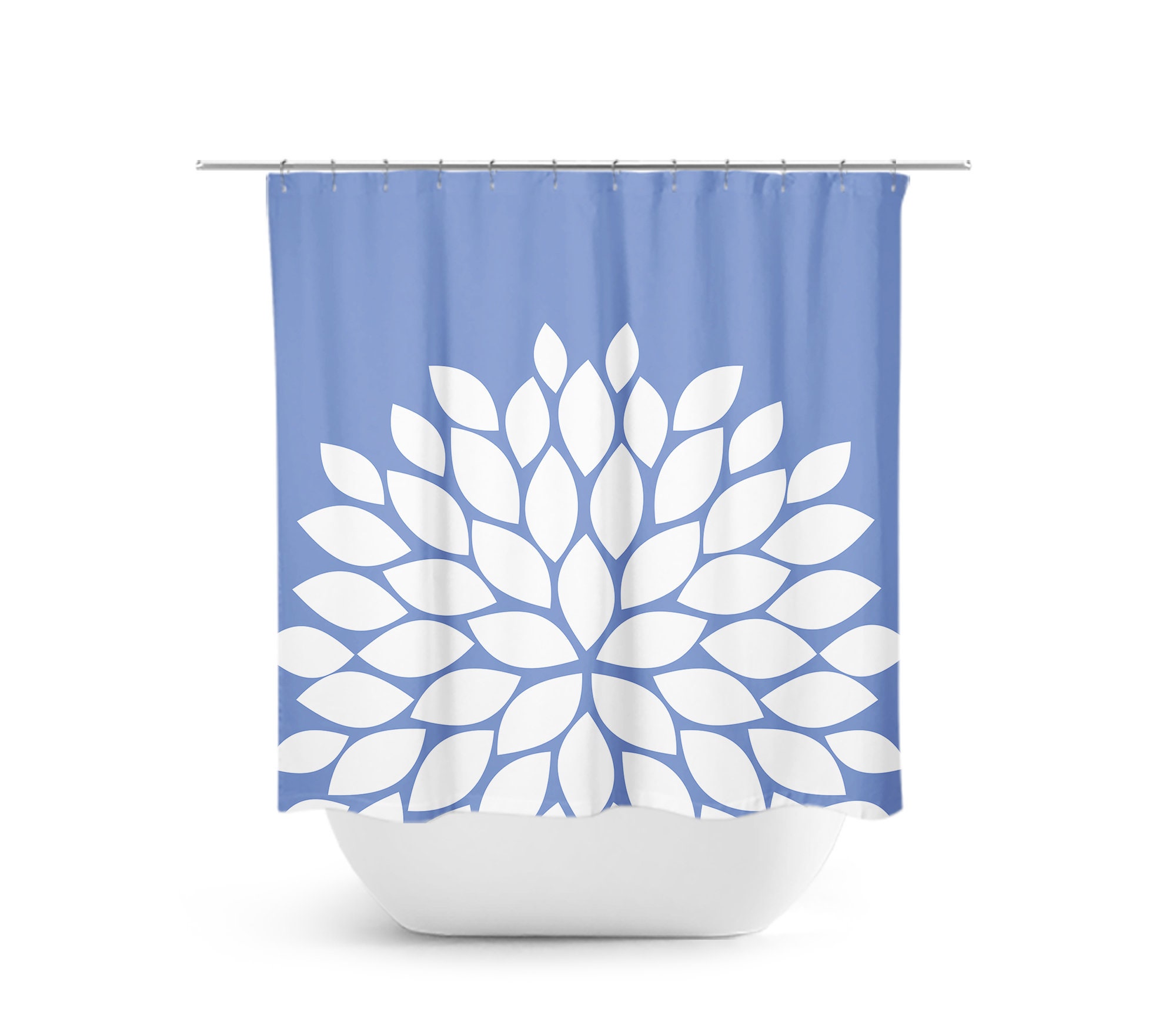 Blue Flower Shower Curtain, Periwinkle Bathroom Decor, Farmhouse Girl Bathroom Bathtub Curtain