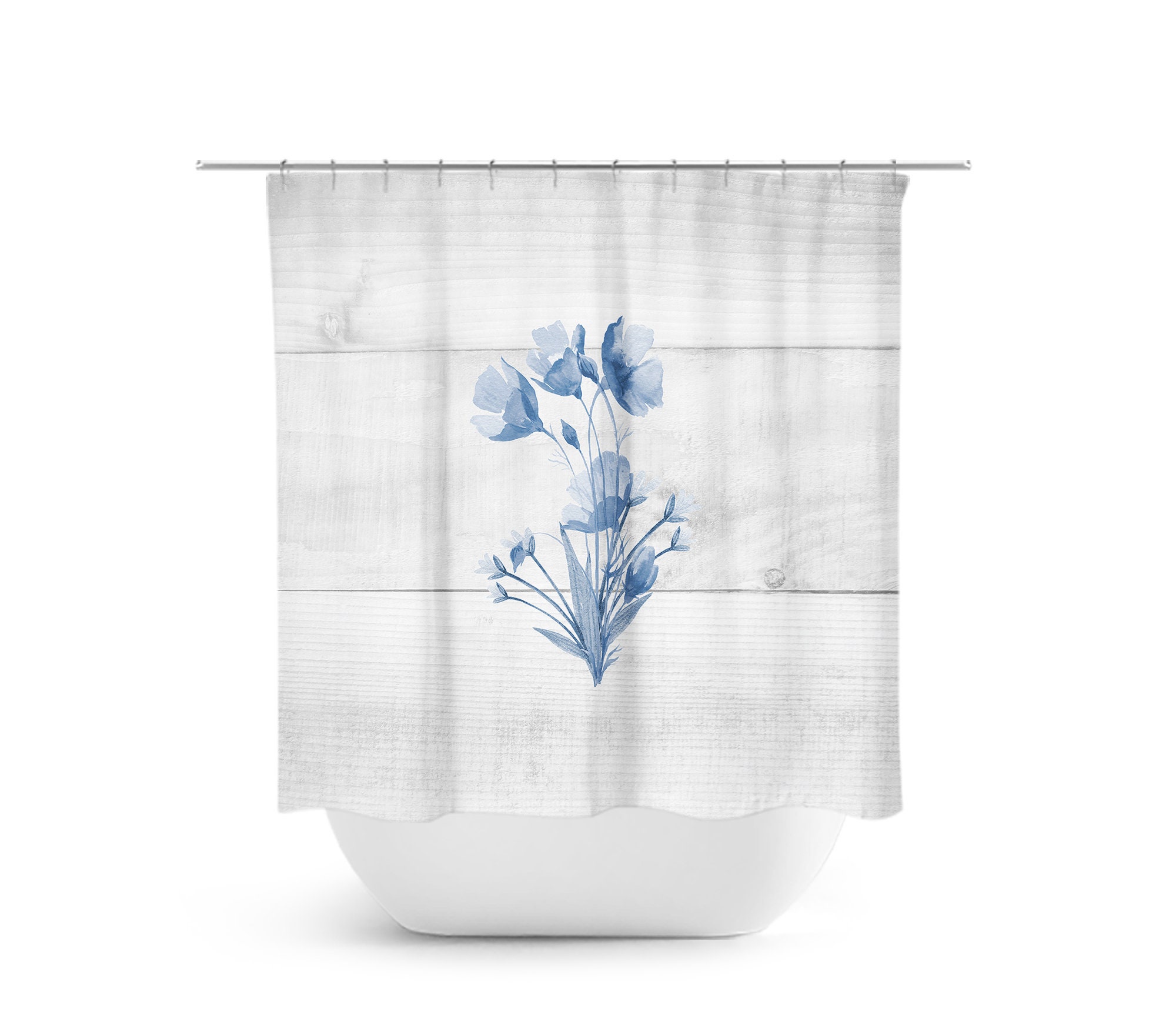 Blue Flowers Shower Curtain for Minimalist Farmhouse Bathroom