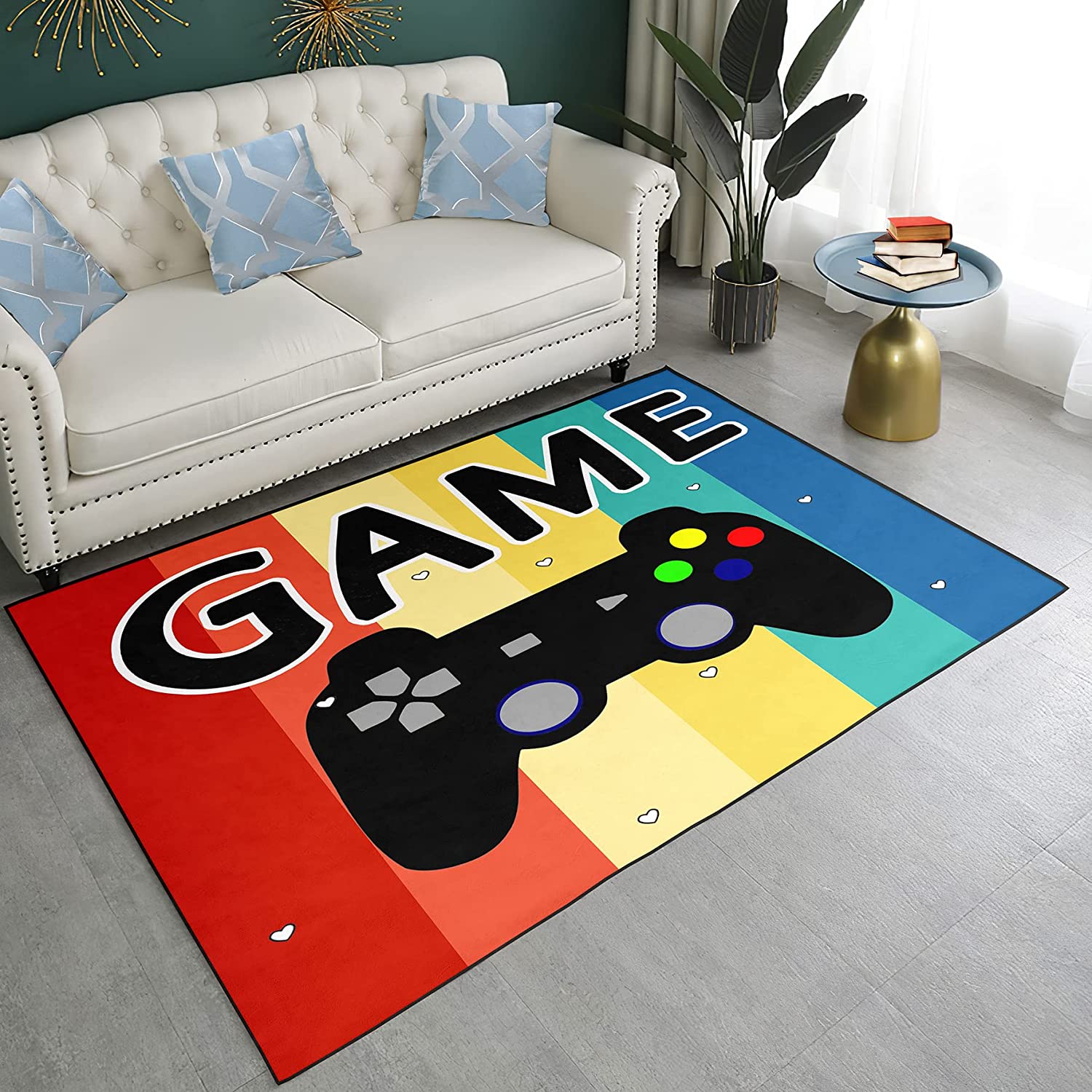Blue Gamepad Printed Area Rug - Washable Floor Mat for Boys' Game Room or Indoor Outdoor Doormats