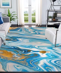 Blue Gold Modern Abstract Area Rug - A Subtle Illusion Ocean Theme Decorative Rug for Living Room