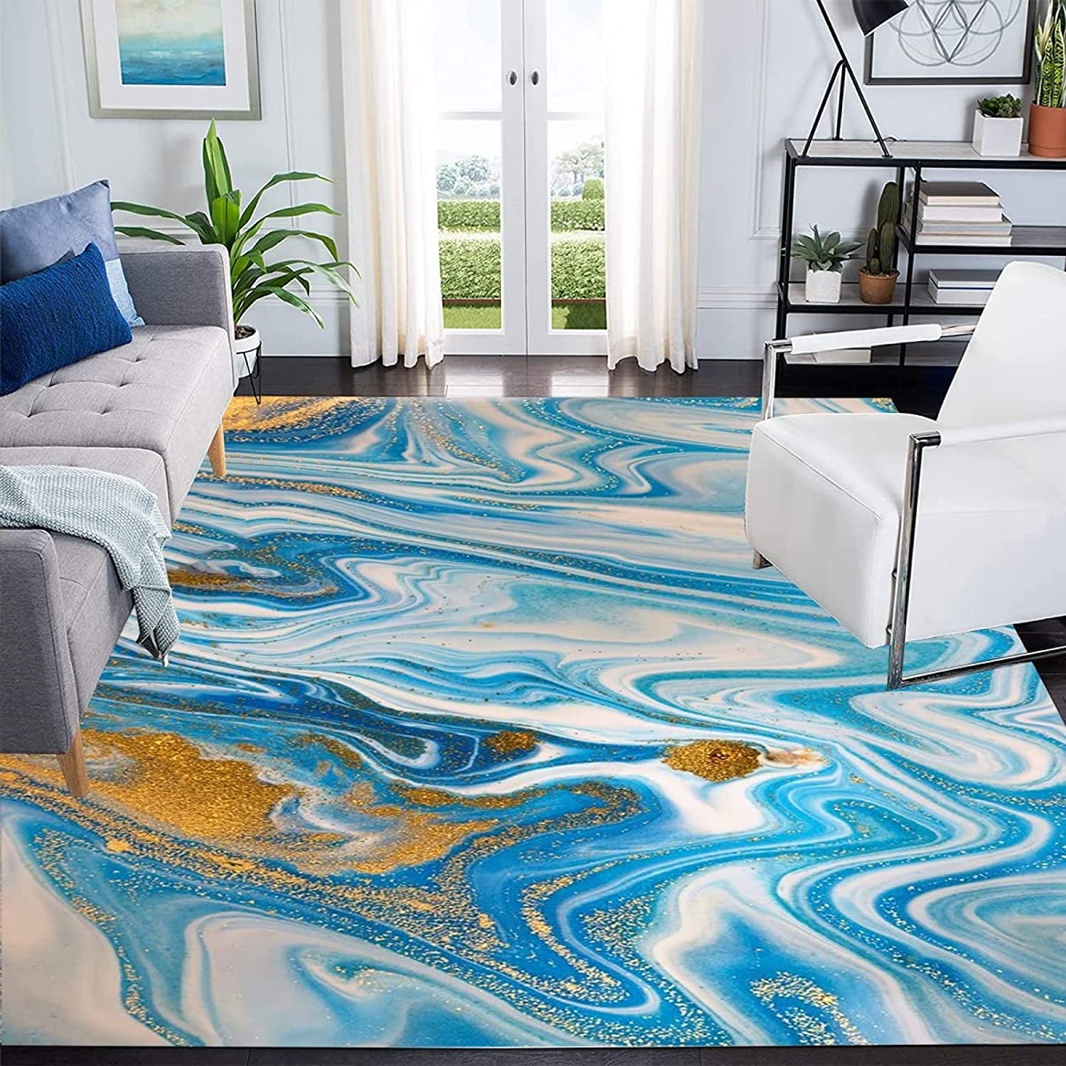Blue Gold Modern Abstract Area Rug - A Subtle Illusion Ocean Theme Decorative Rug for Living Room