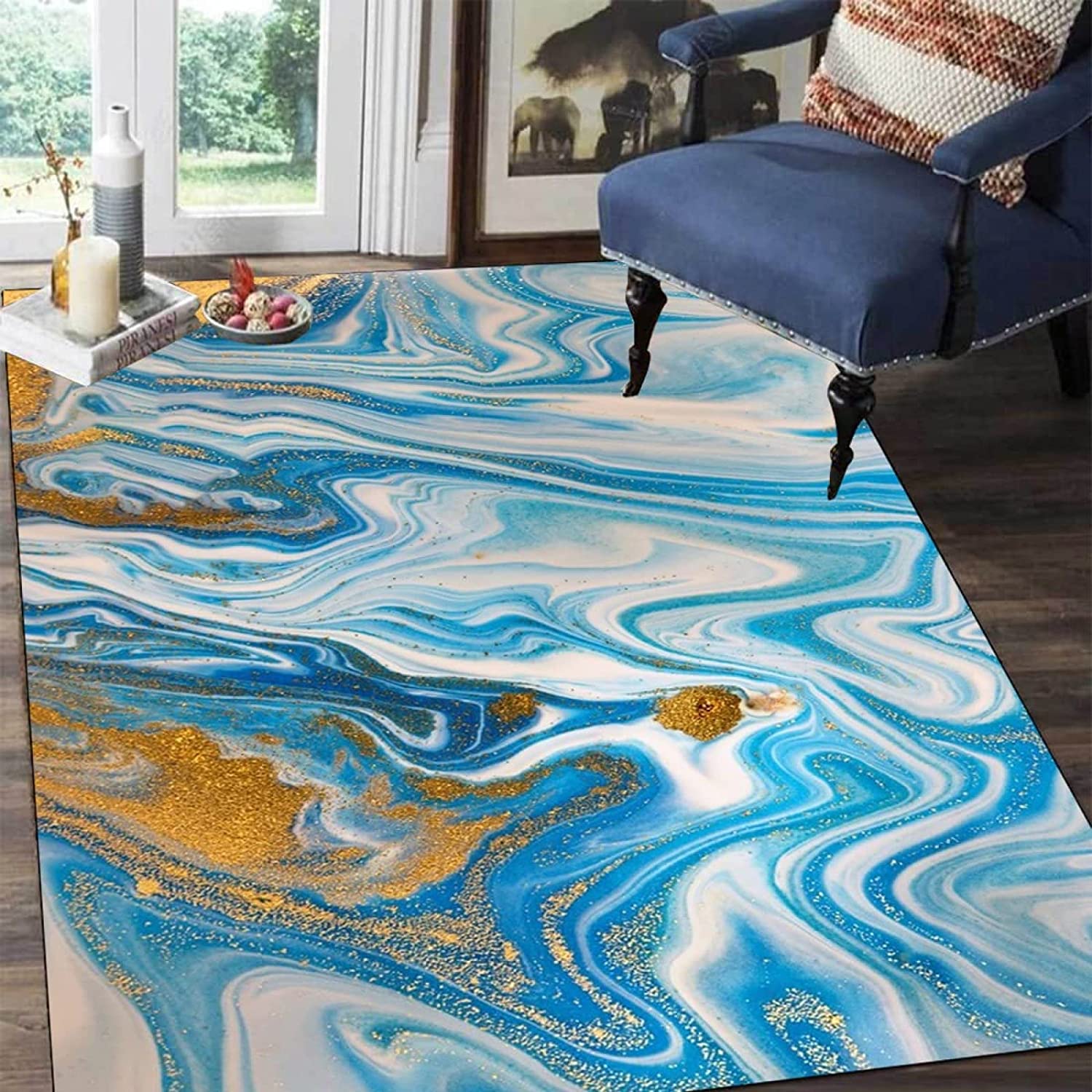 Blue Gold Modern Abstract Area Rug - A Subtle Illusion Ocean Theme Decorative Rug for Living Room - Image 2